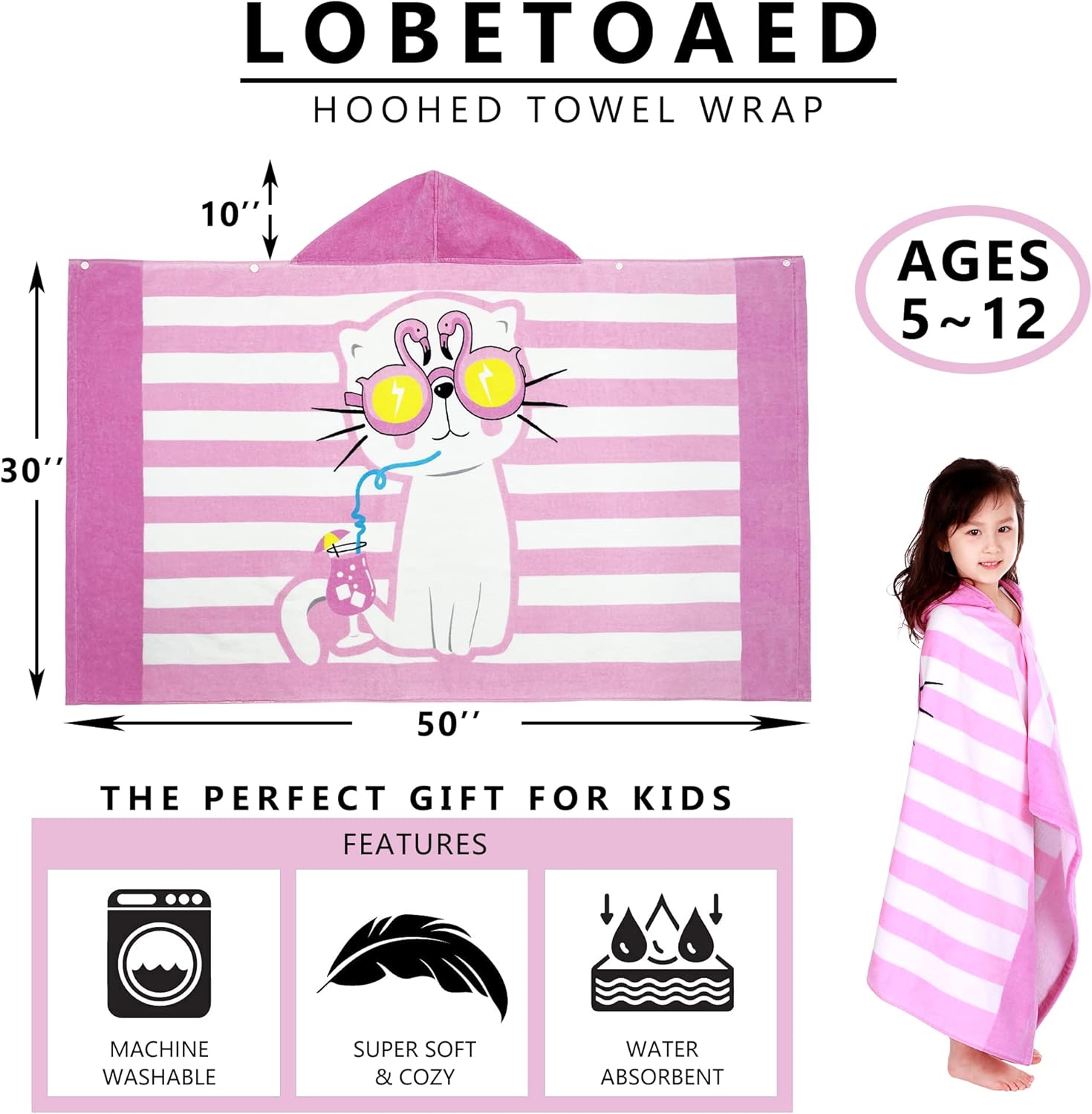 Kids Hooded Beach Towel Soft Real Cotton Wrap for Toddlers and Children