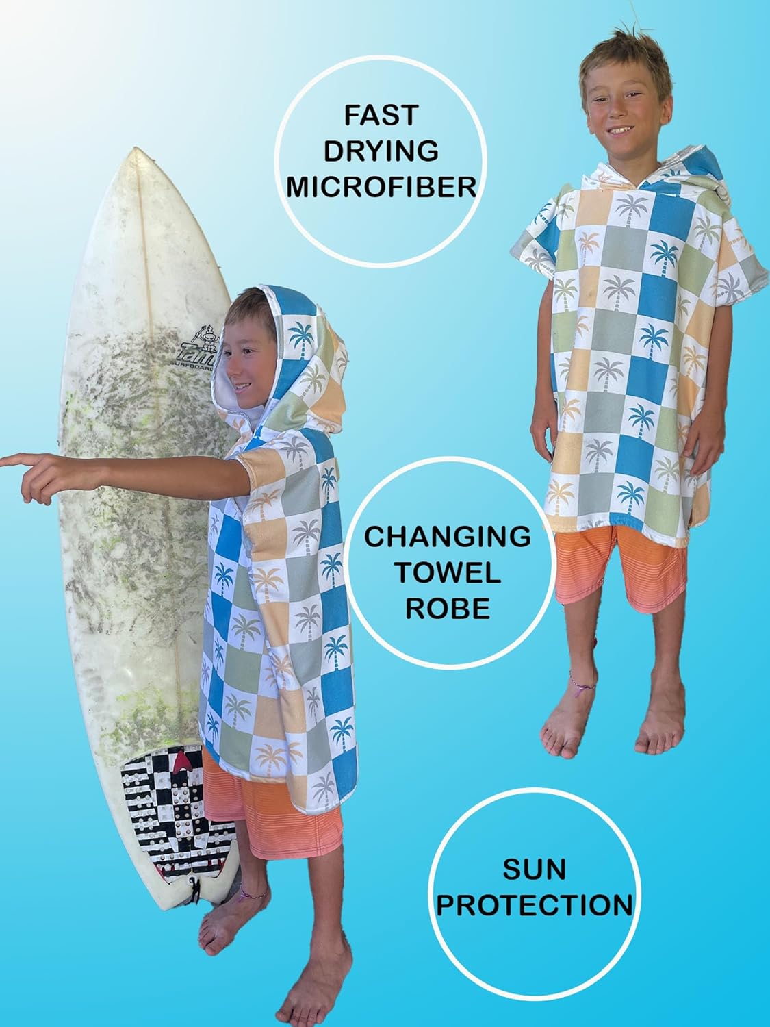 Kids Hooded Towel Poncho - Navy Blue Palm Trees