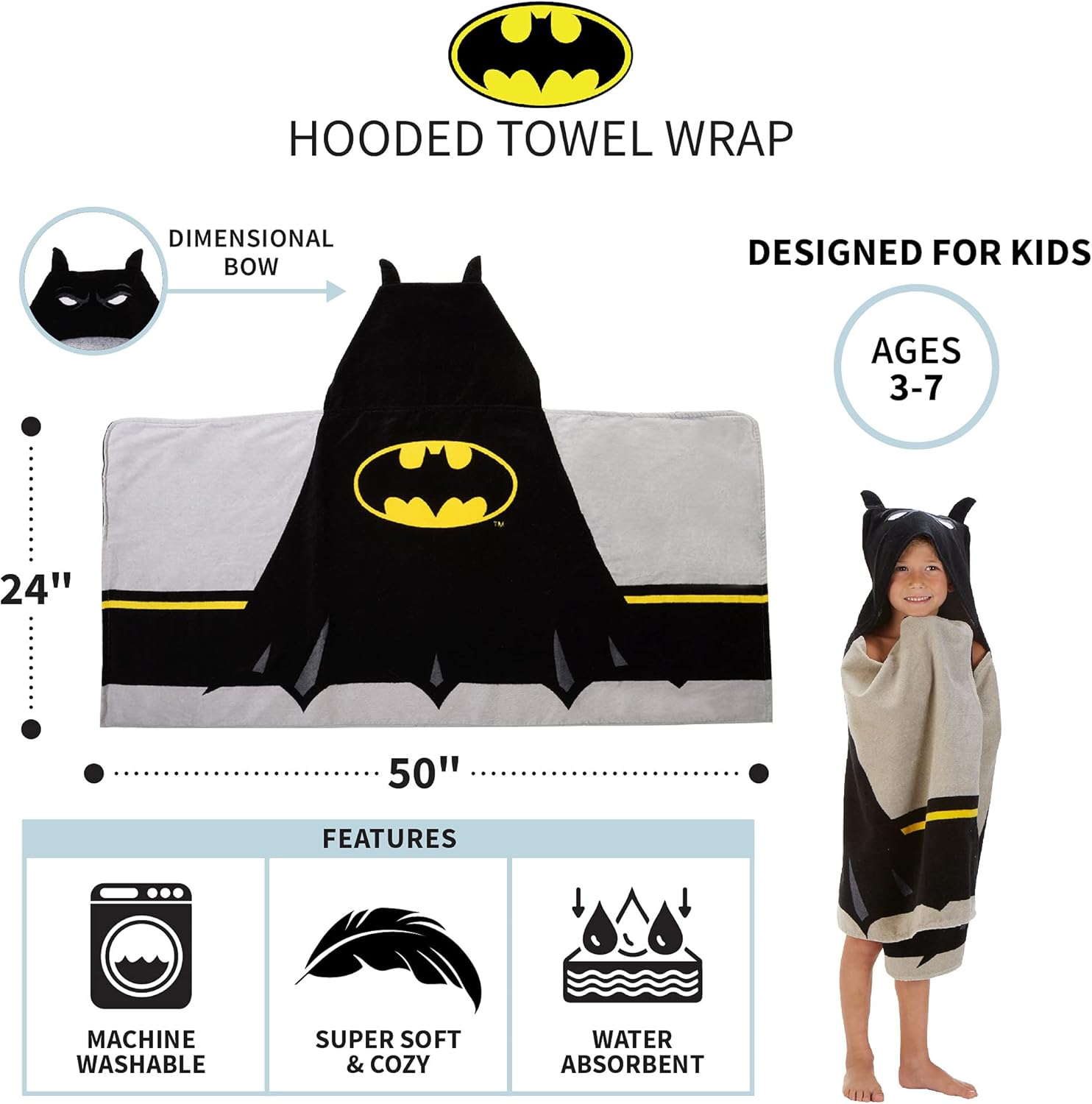 Batman Kids Bath Pool Beach Hooded Towel Wrap 24 x 50