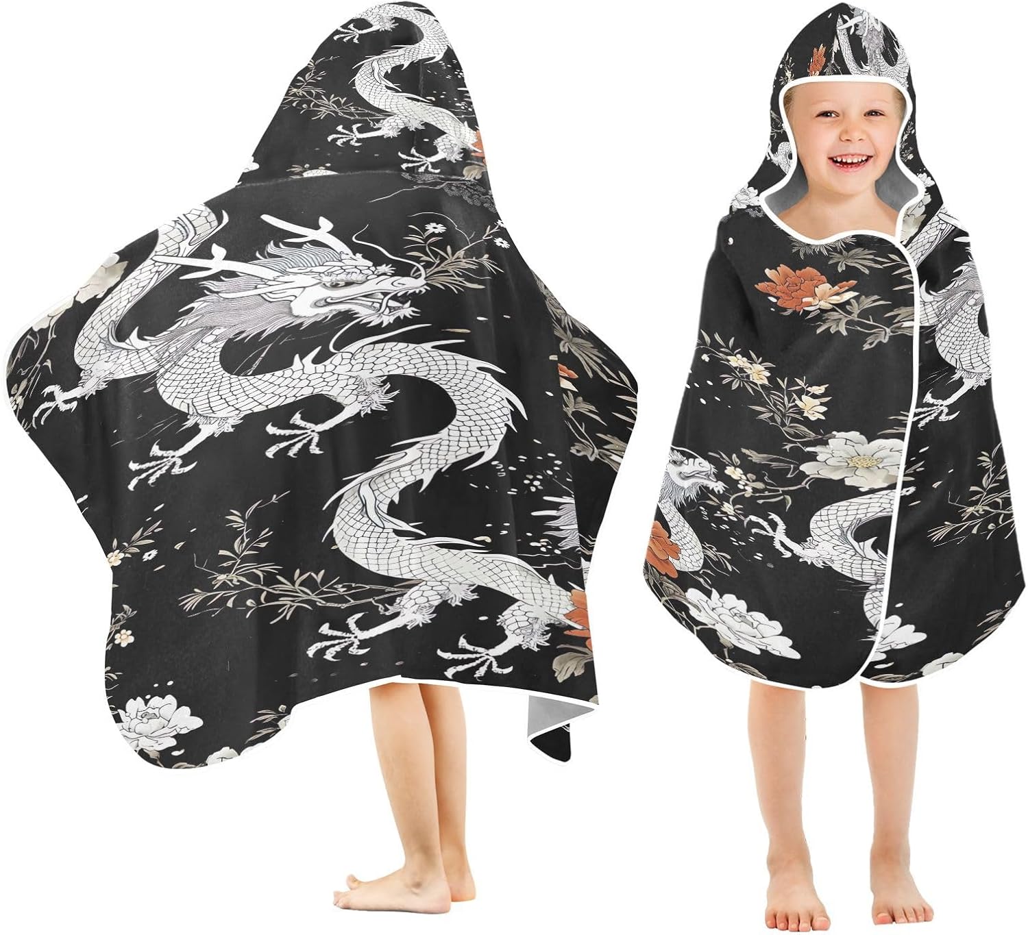 Blueangle Kids Bath Towel Wrap - Black Dragons Hooded Towel