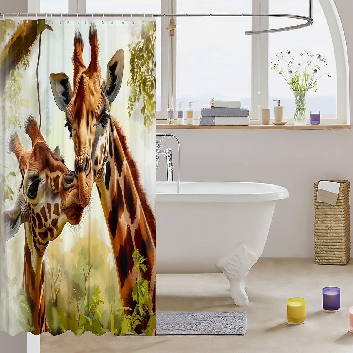 Kids Giraffe Shower Curtain Waterproof Cartoon Jungle Wildlife Set