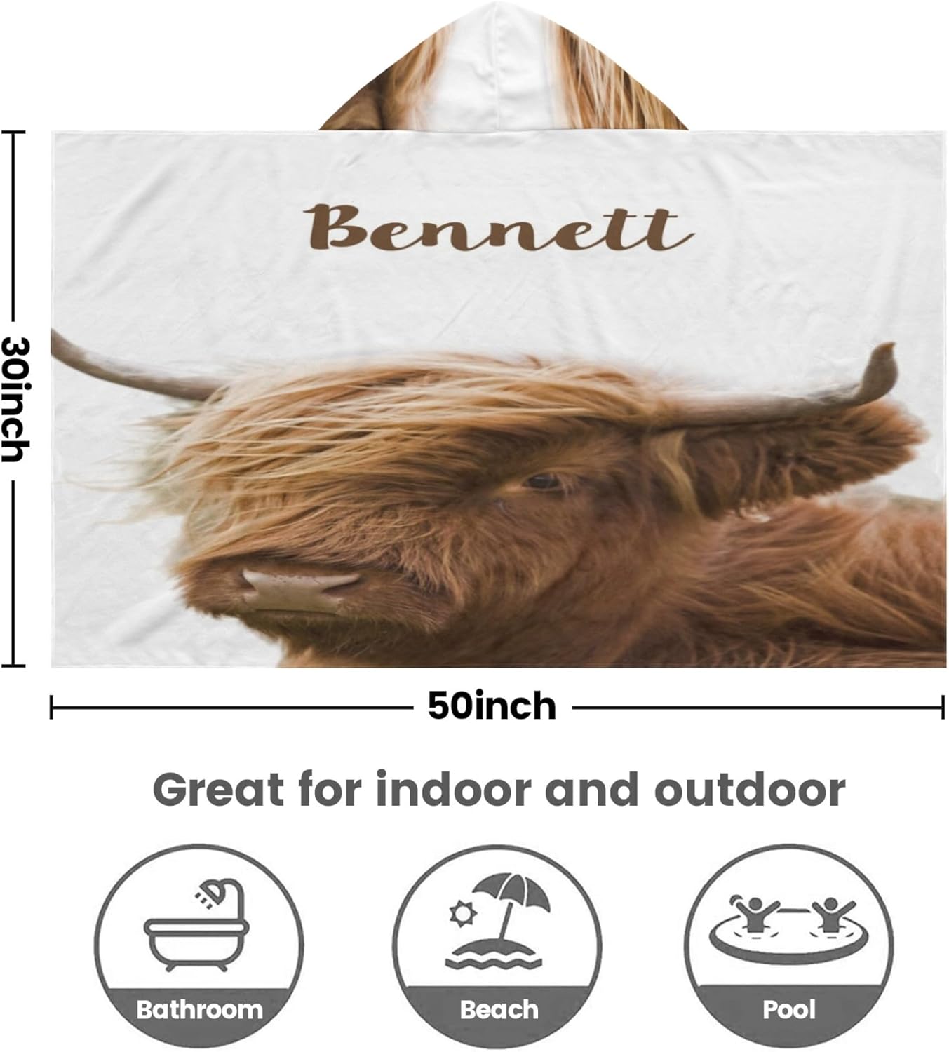 Personalized Highland Cow Hooded Kids Bath Towels with Name