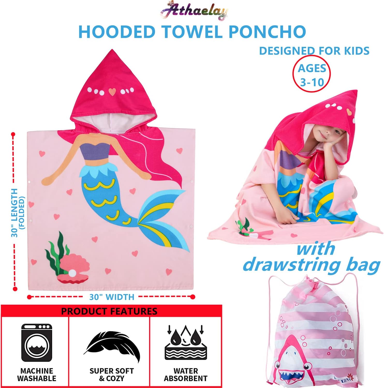 Big Pink Mermaid Kids Bath Towel for 3-10 Year Old Girls