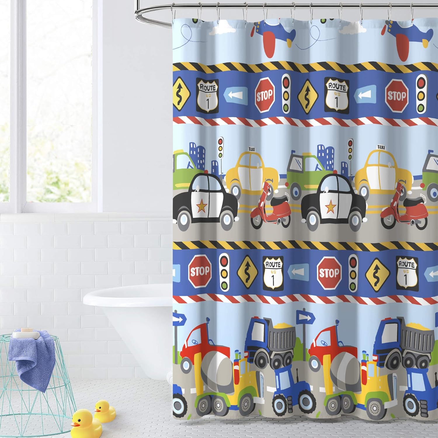 Dream Factory Kids Shower Curtain Blue Red Trains and Trucks 72x72