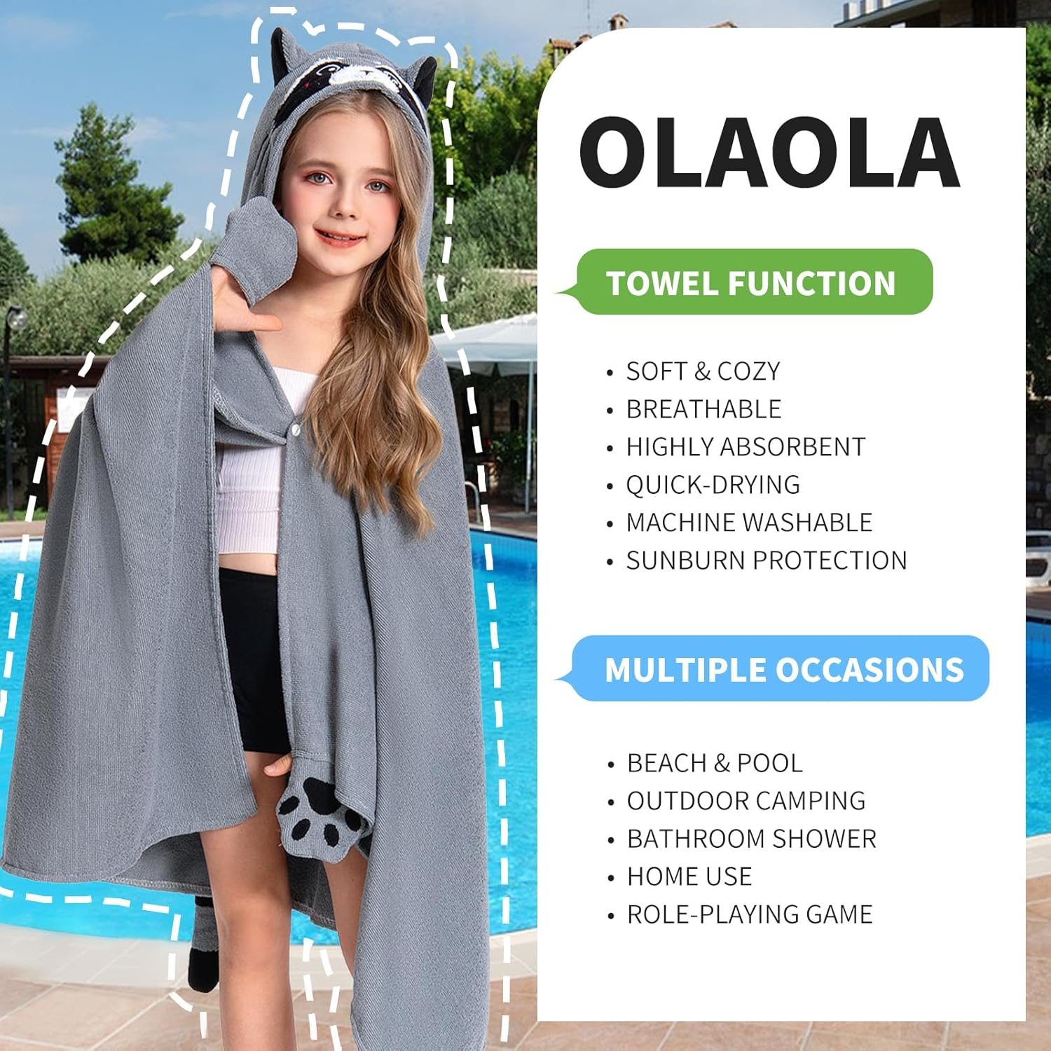 OLAOLA Raccoon Hooded Beach Towel for Kids 3-12 Years