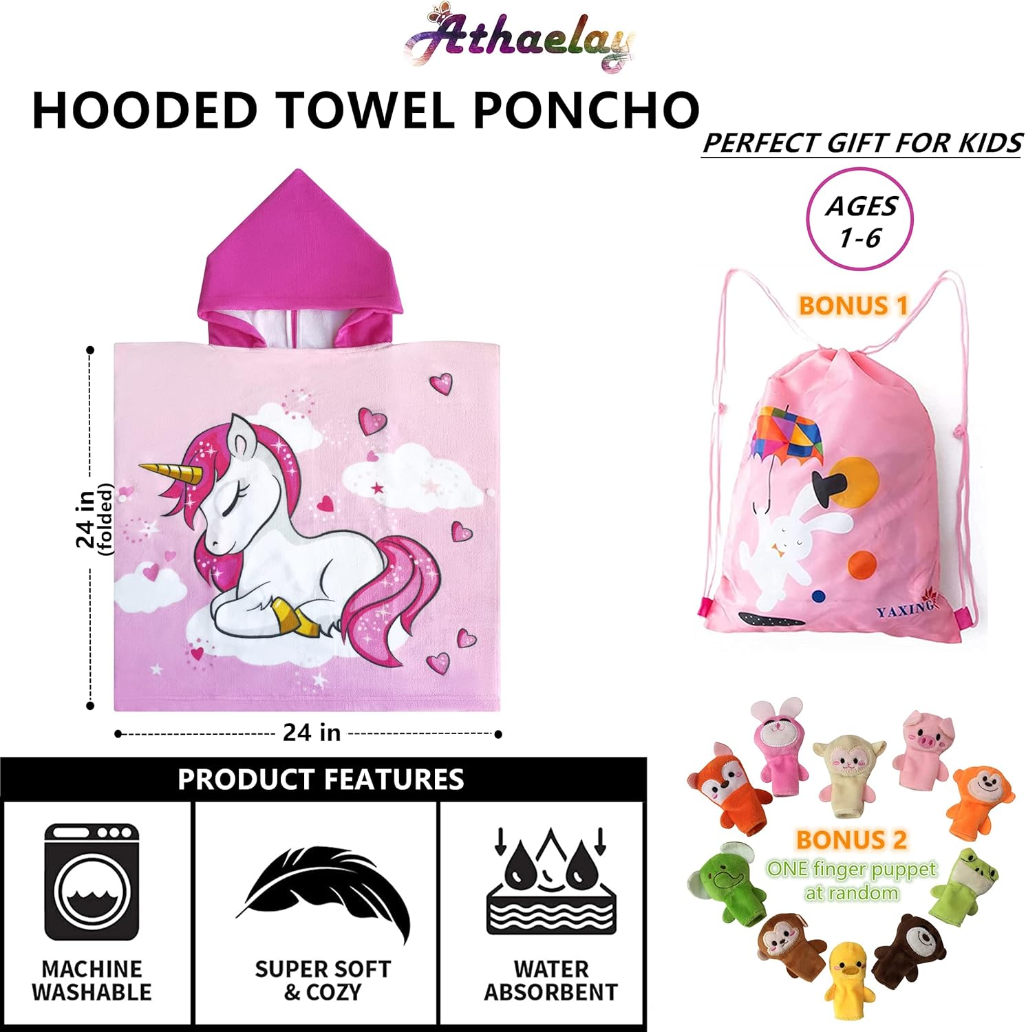 Kids Hooded Poncho Towel with 3D Unicorn Design