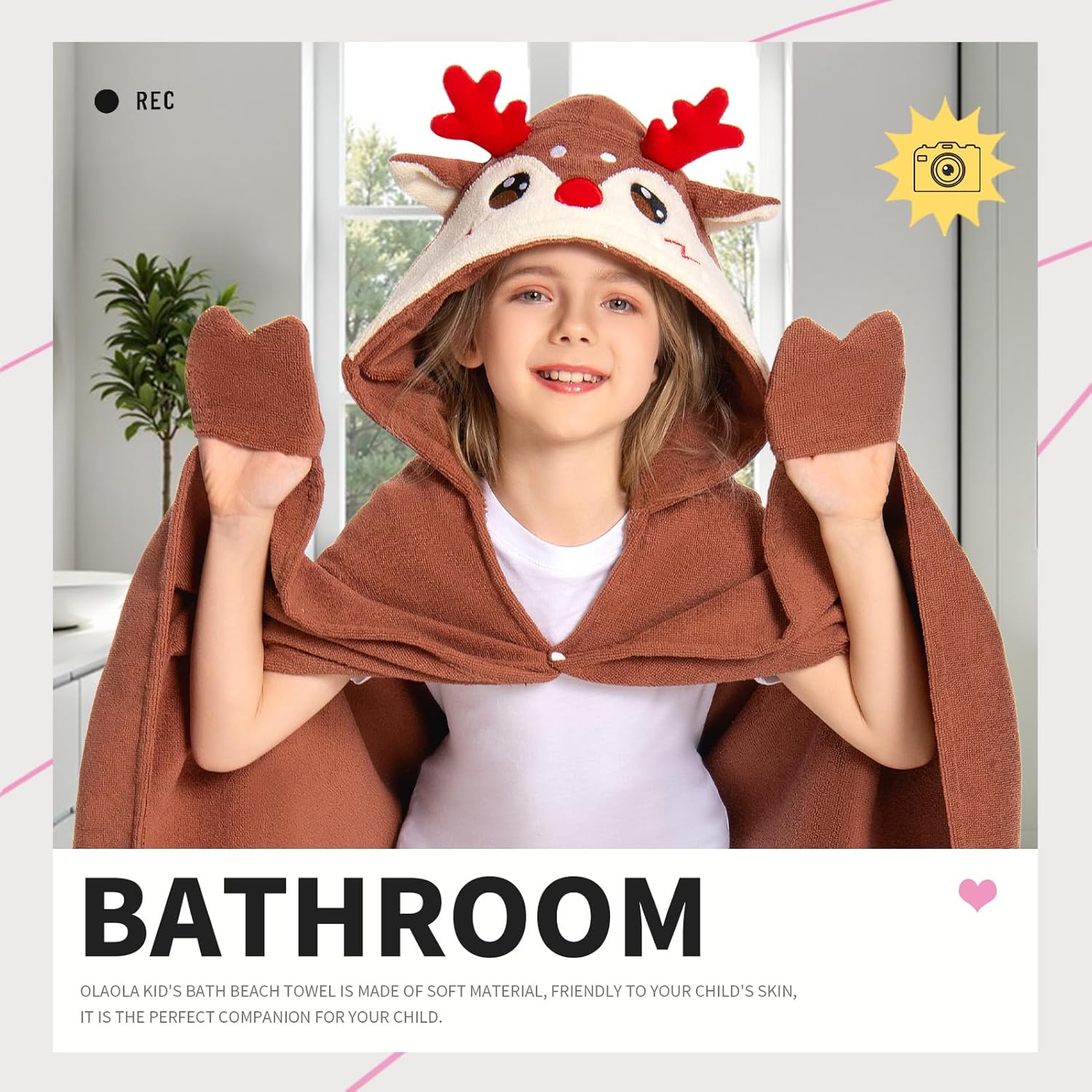 OLAOLA Reindeer Hooded Towel for Kids 3-12 Years