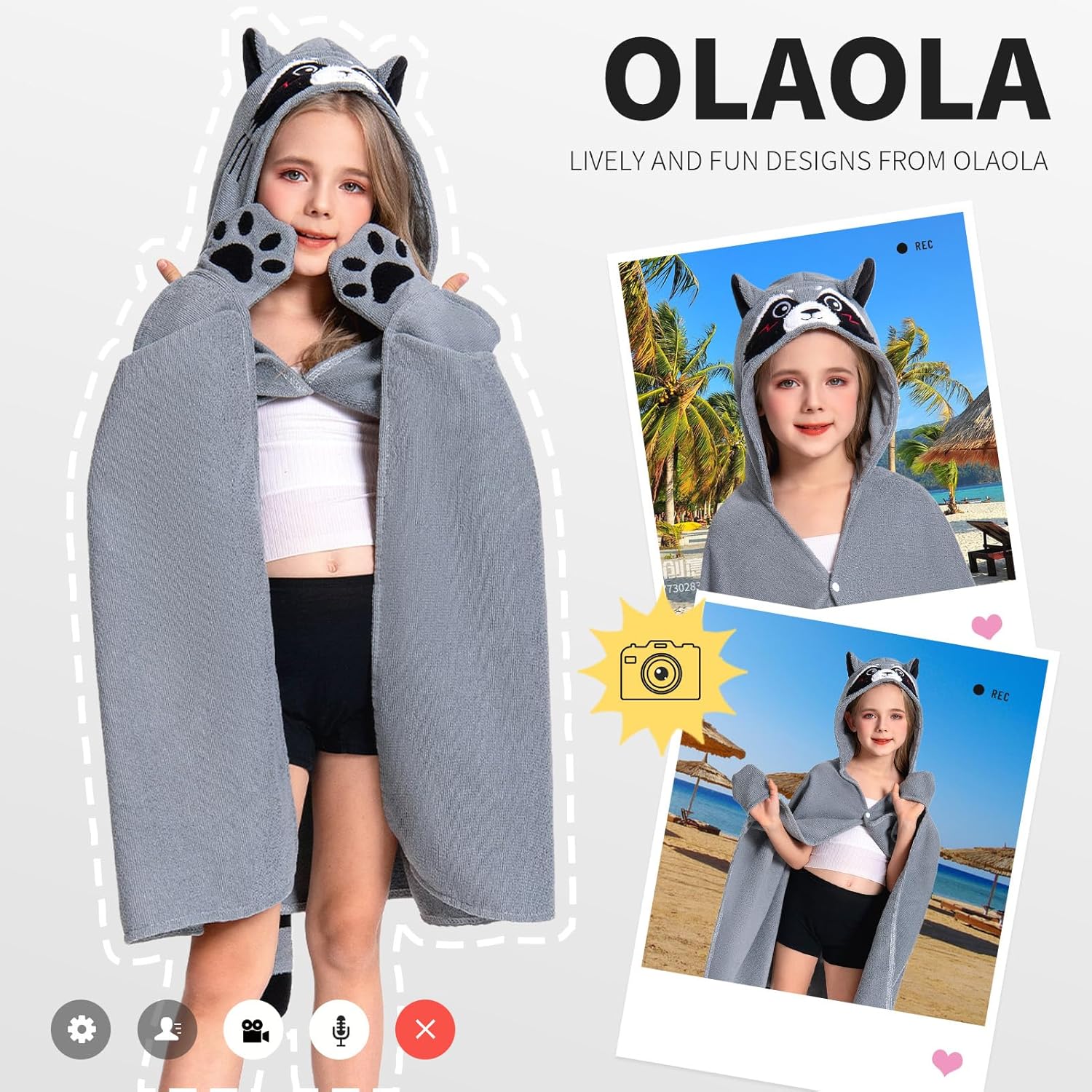 OLAOLA Raccoon Hooded Beach Towel for Kids 3-12 Years
