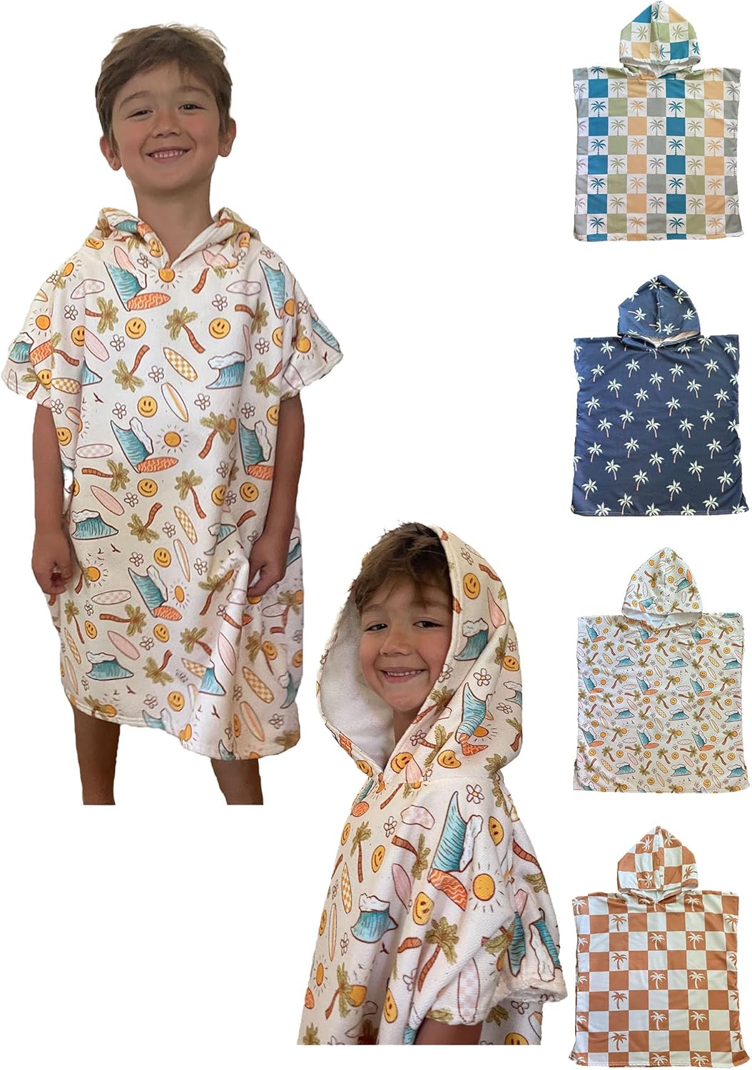 Kids Hooded Towel Poncho - Navy Blue Palm Trees