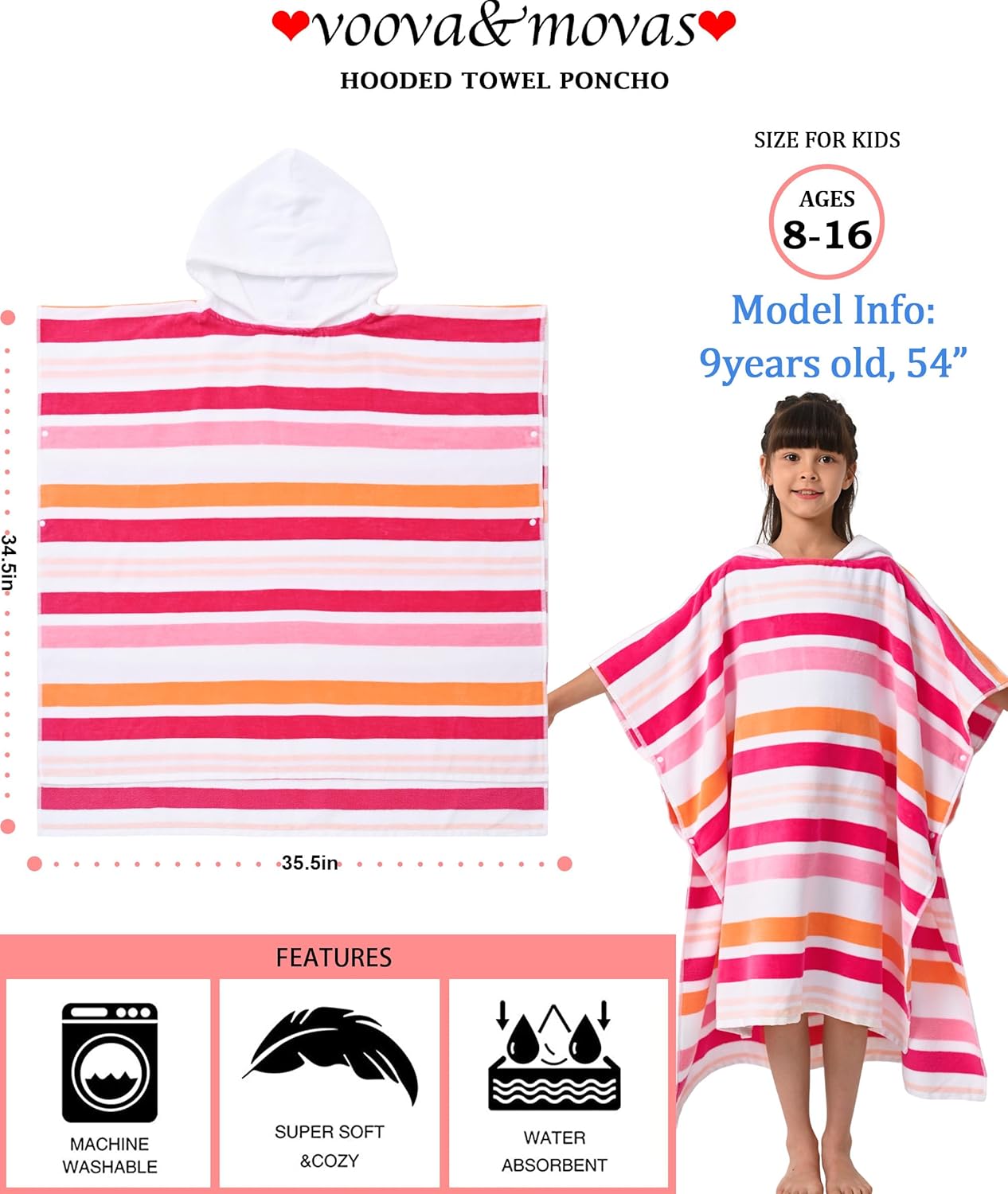 VOOVA MOVAS Hooded Poncho Towel for Teens 8-16 Years