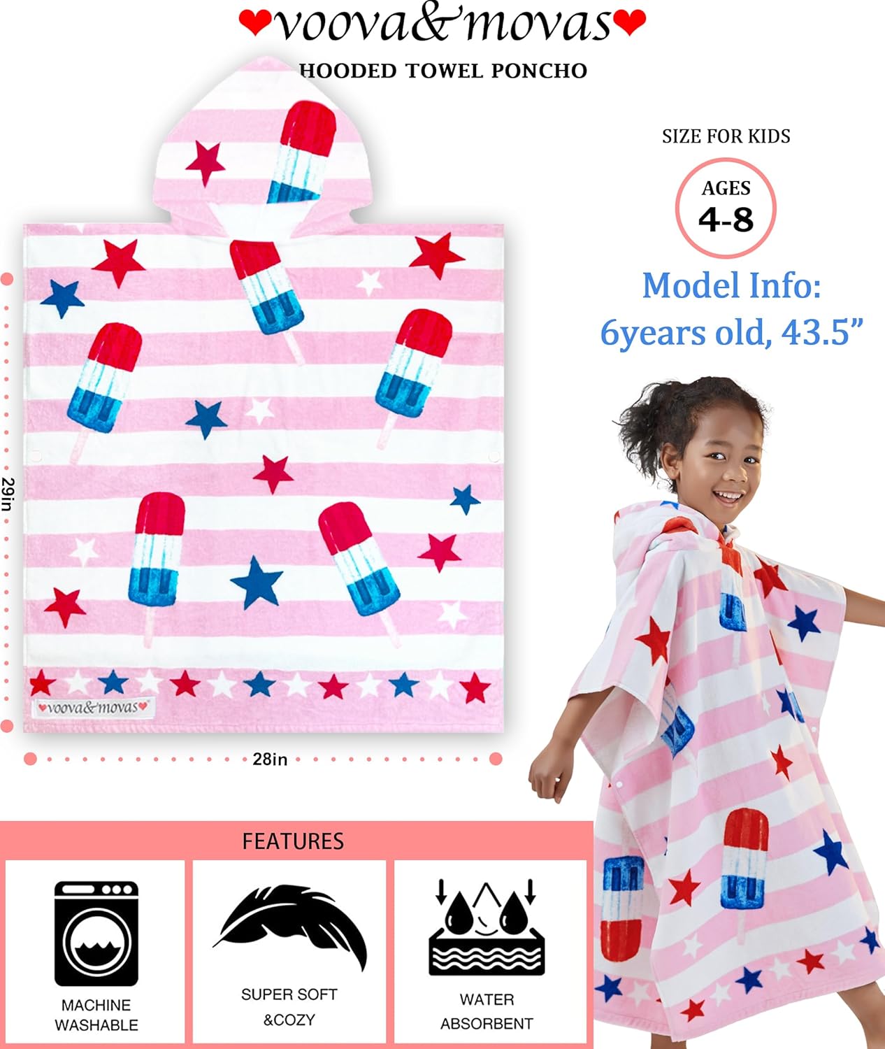 VOOVA MOVAS Kids Beach Towels with Hood for 4-8 Years