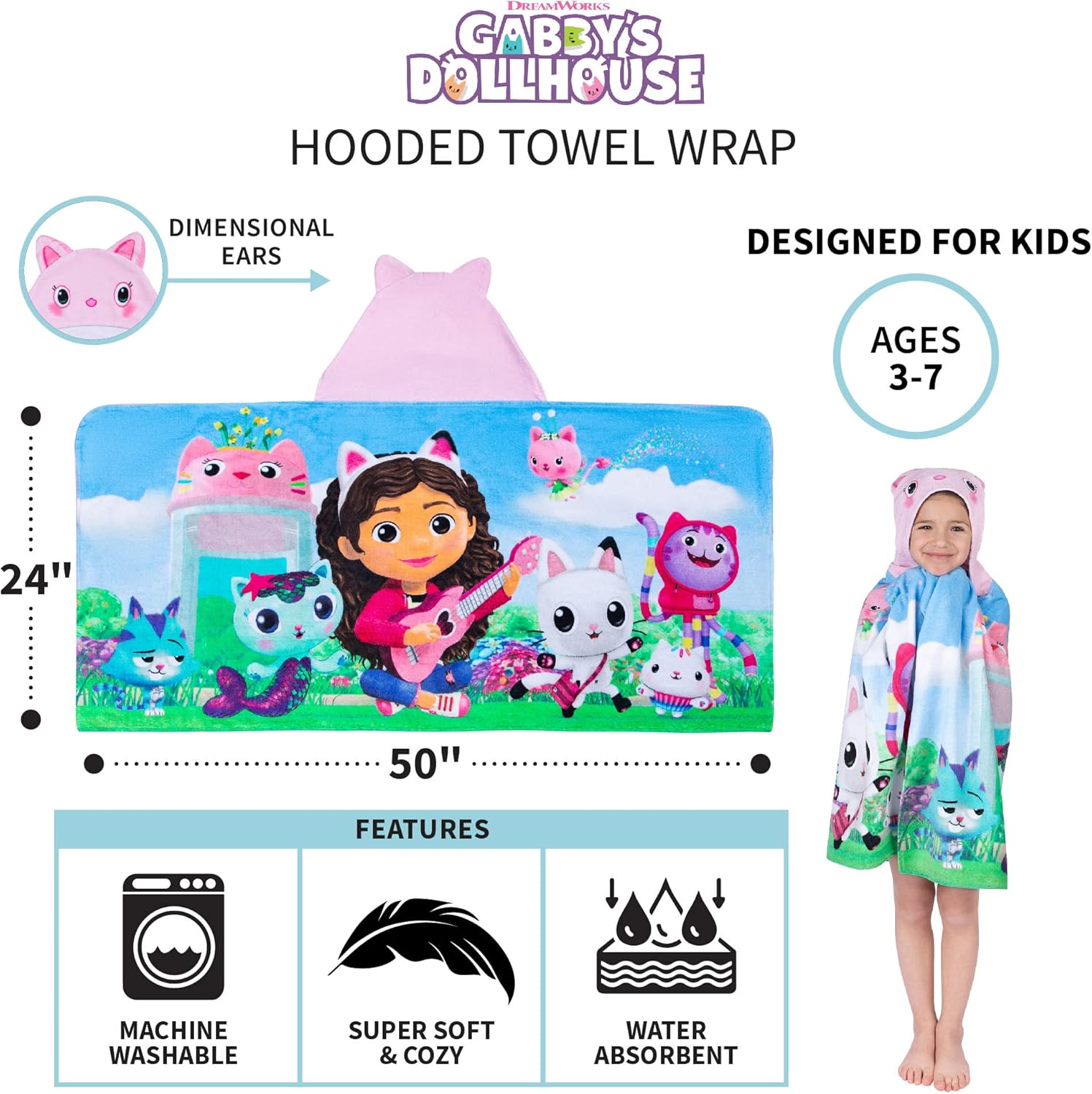 Franco Kids DreamWorks Gabbys Dollhouse Hooded Bath Towel Wrap