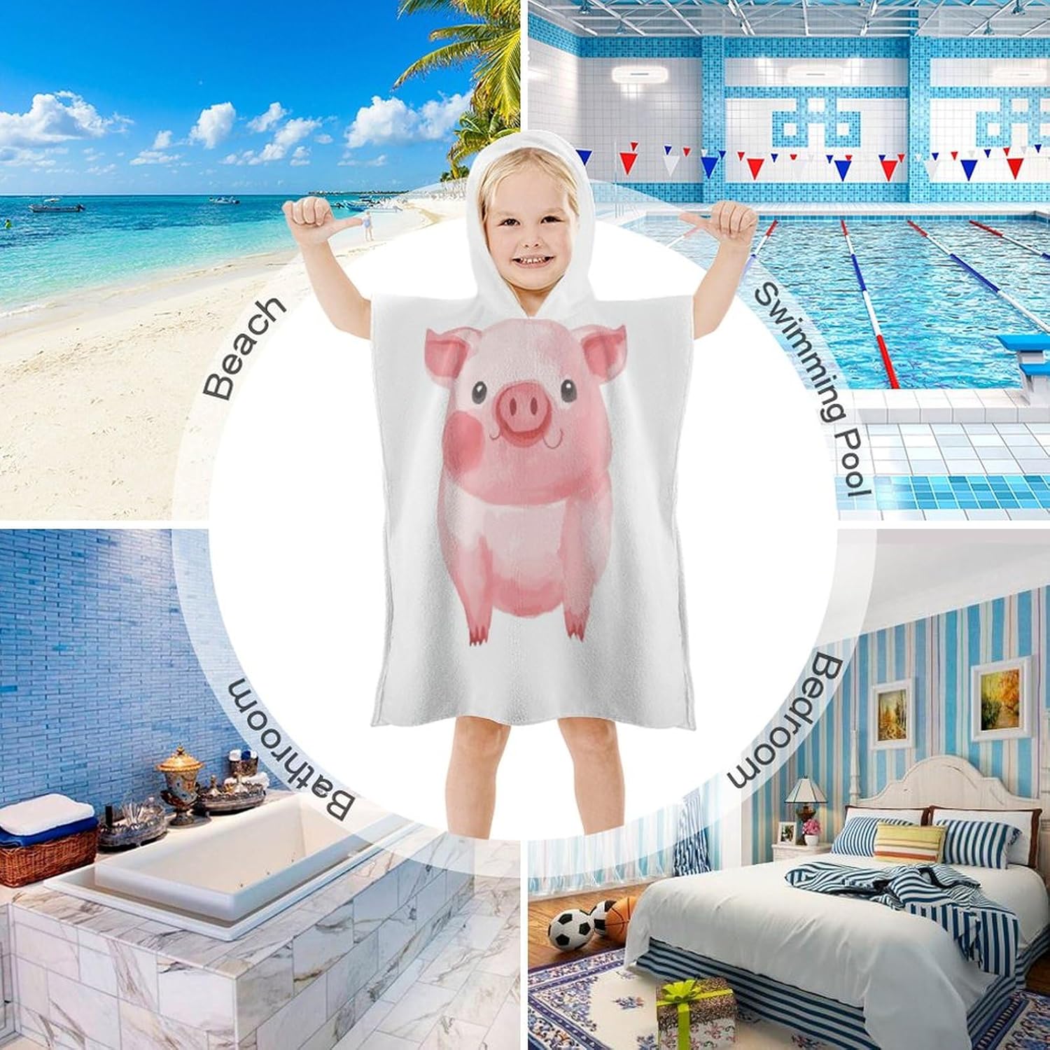 Kids Hooded Towel with Pig Print for Boys Girls