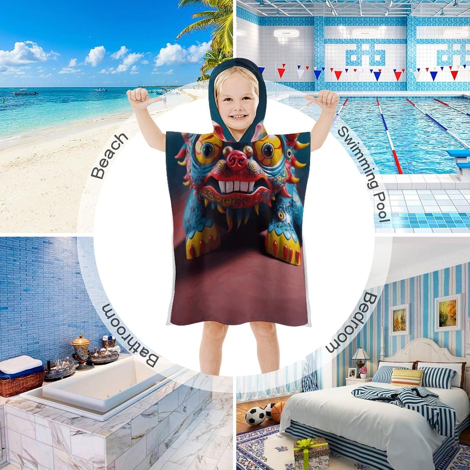 Kids Hooded Bath Towel with Lion Print