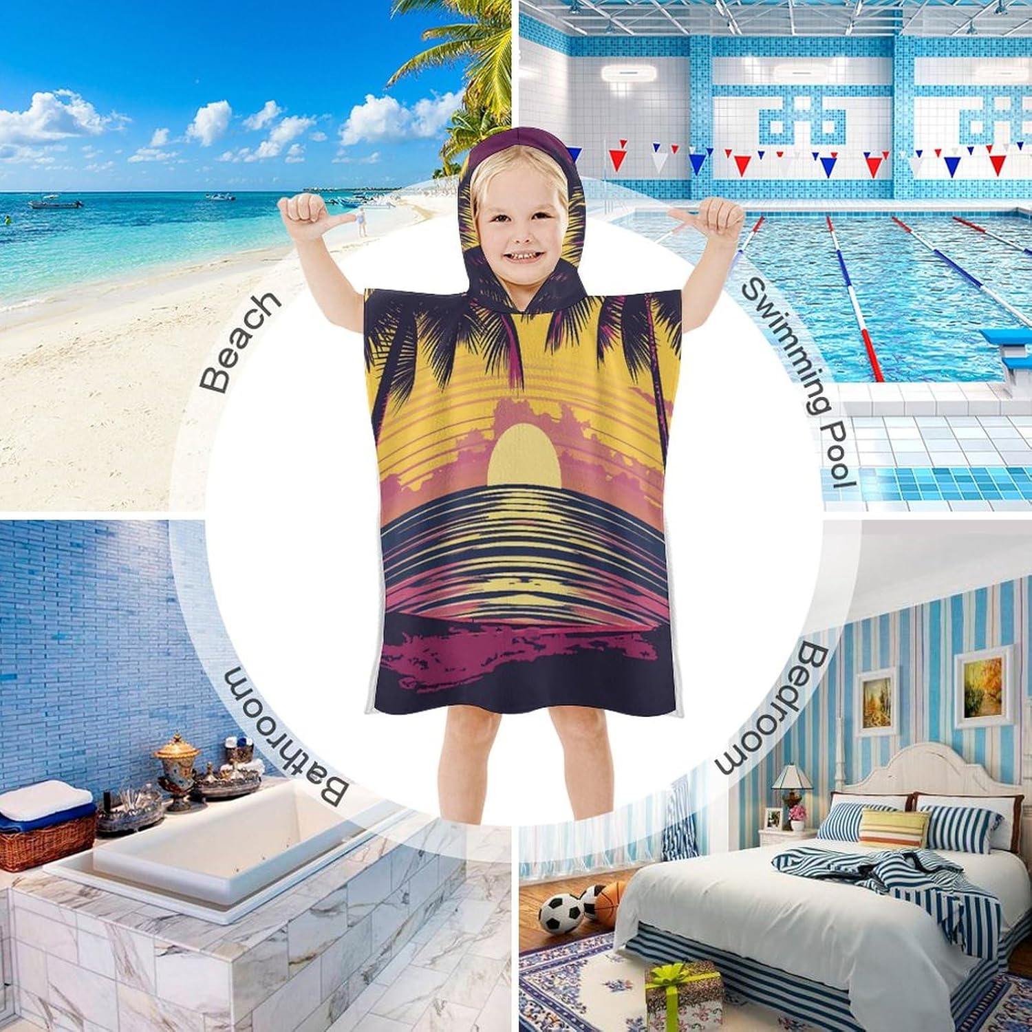 Kids Bath Towel with Sunset Design Hooded Beach Towel for Boys Girls