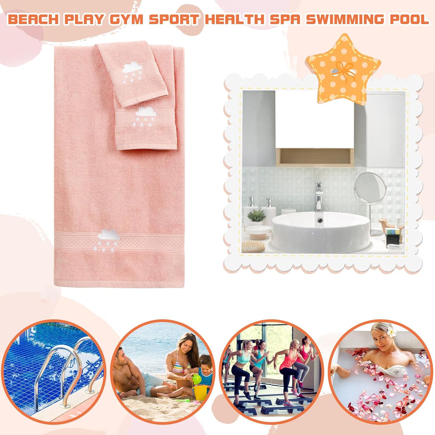 6 Pcs Kids Girls Bath Towel Set 100 Cotton Soft Embroidered