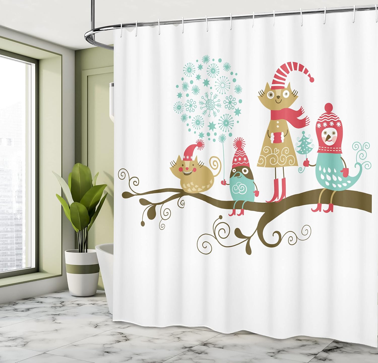 Ambesonne Christmas Shower Curtain with Animal Costume Branches Pink Teal 69x70 Inches