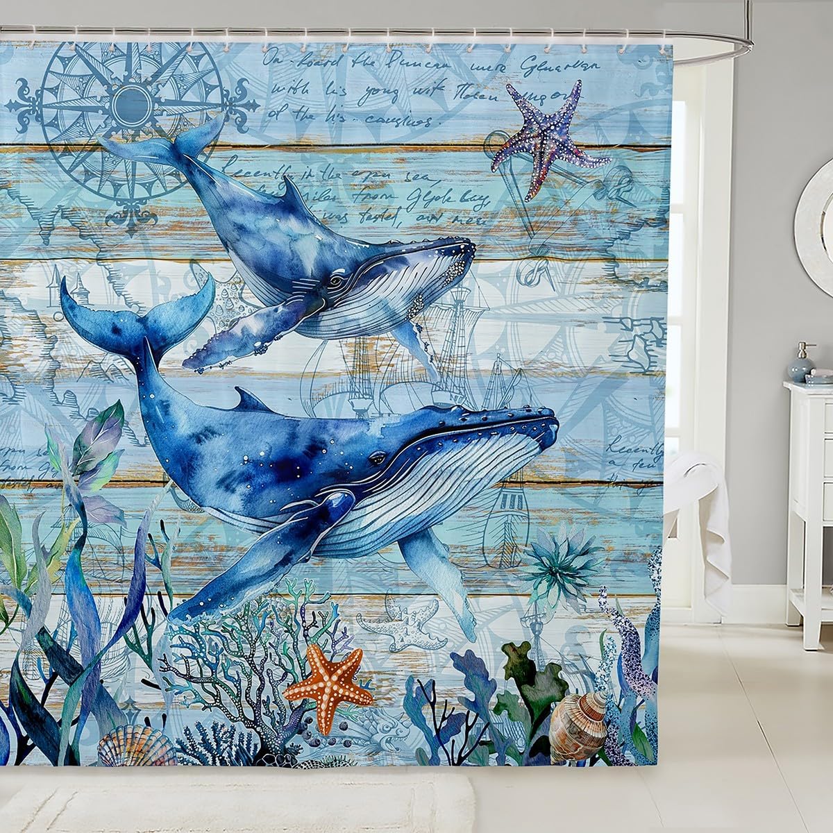 Feelyou Cute Whales Shower Curtain Set 72x78 Kids Ocean Themed