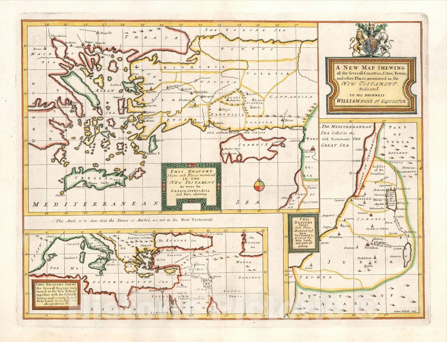 Historic Map Showing New Testament Places 1712 Wall Art 30x24
