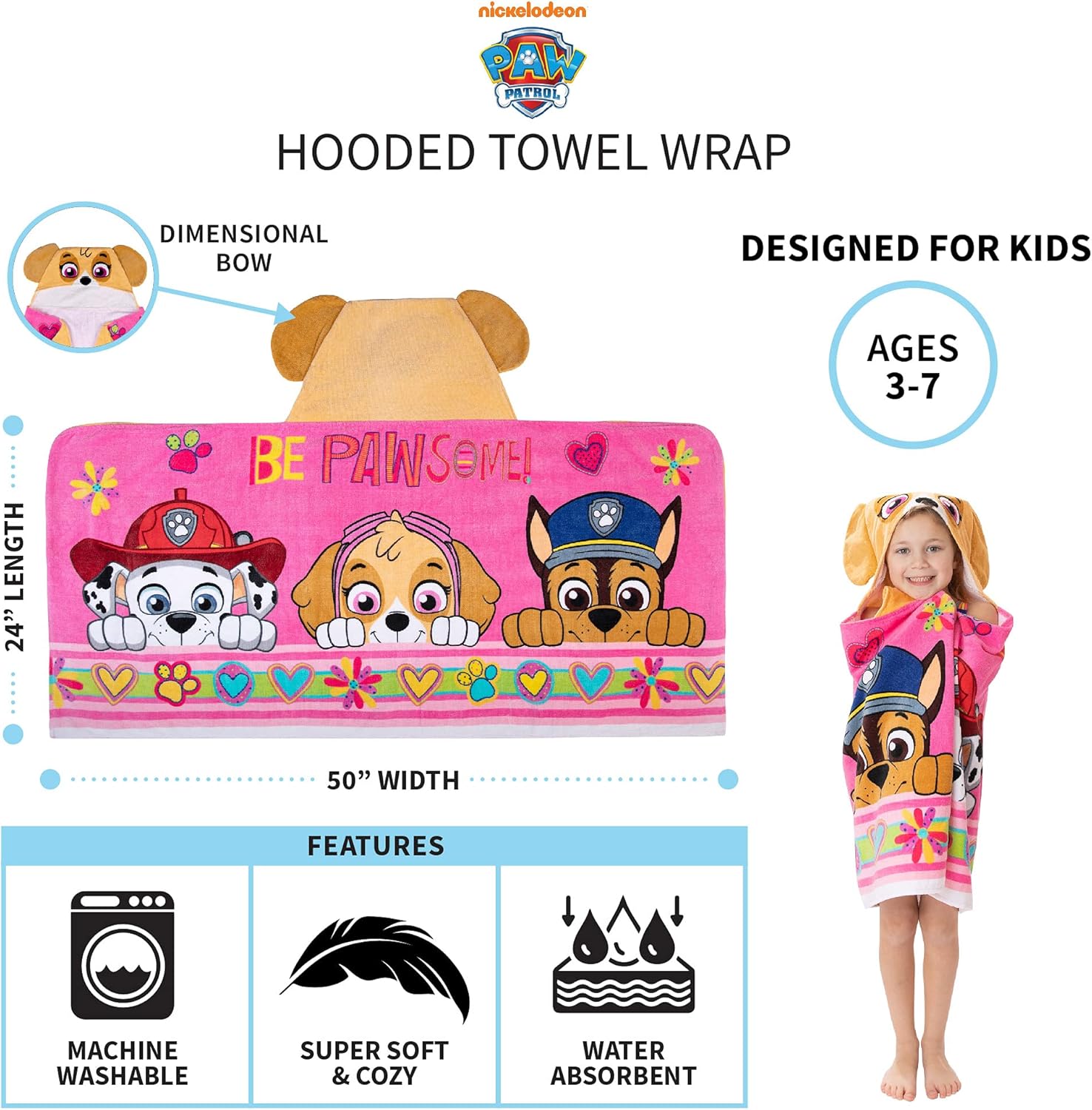 Franco Paw Patrol Pink Hooded Bath Towel Wrap for Kids