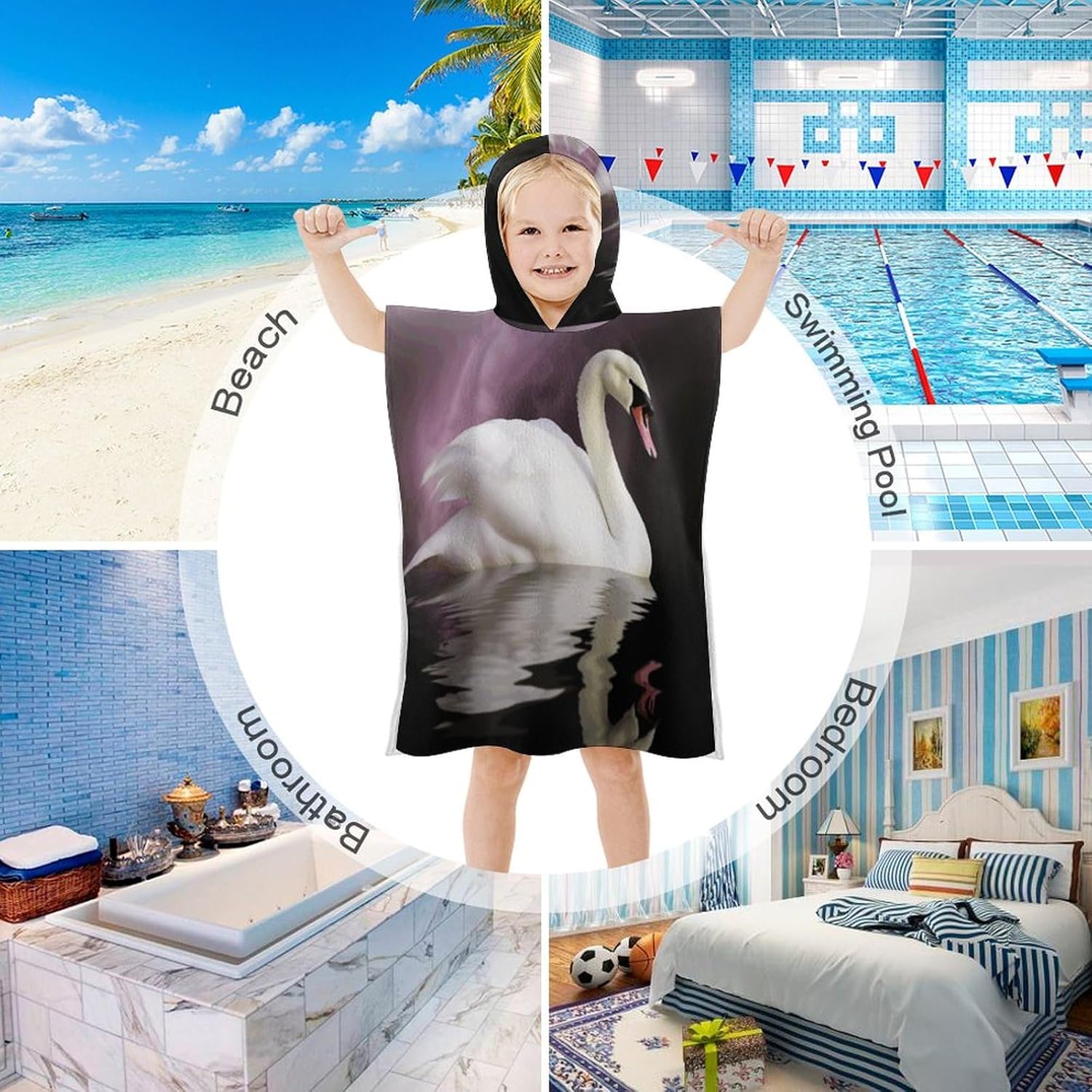 Kids Hooded Bath Towel with White Swan Print