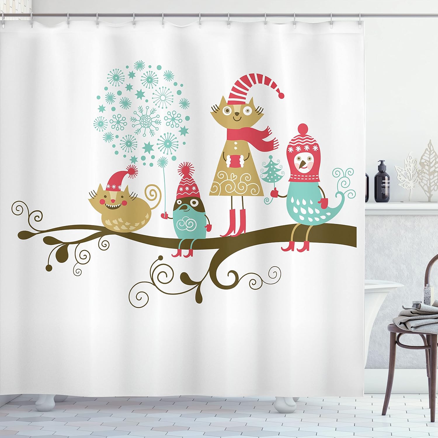 Ambesonne Christmas Shower Curtain with Animal Costume Branches Pink Teal 69x70 Inches