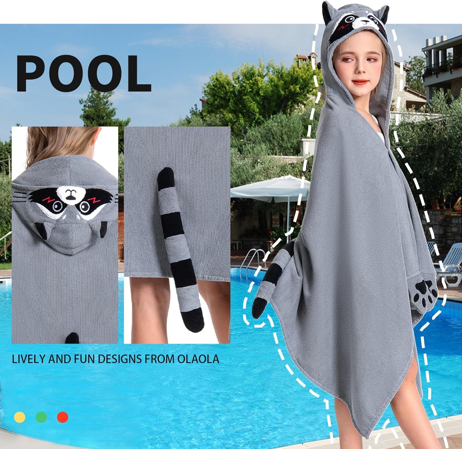 OLAOLA Raccoon Hooded Beach Towel for Kids 3-12 Years