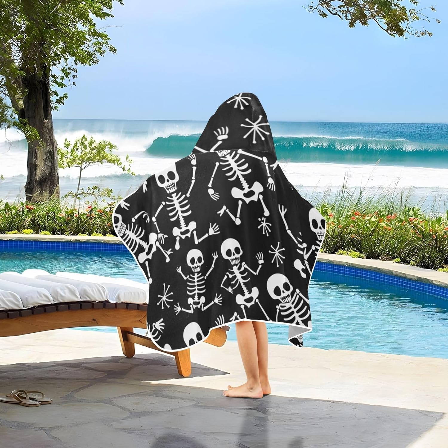 Kids Hooded Beach Towel with Cartoon Skeletons and Bones