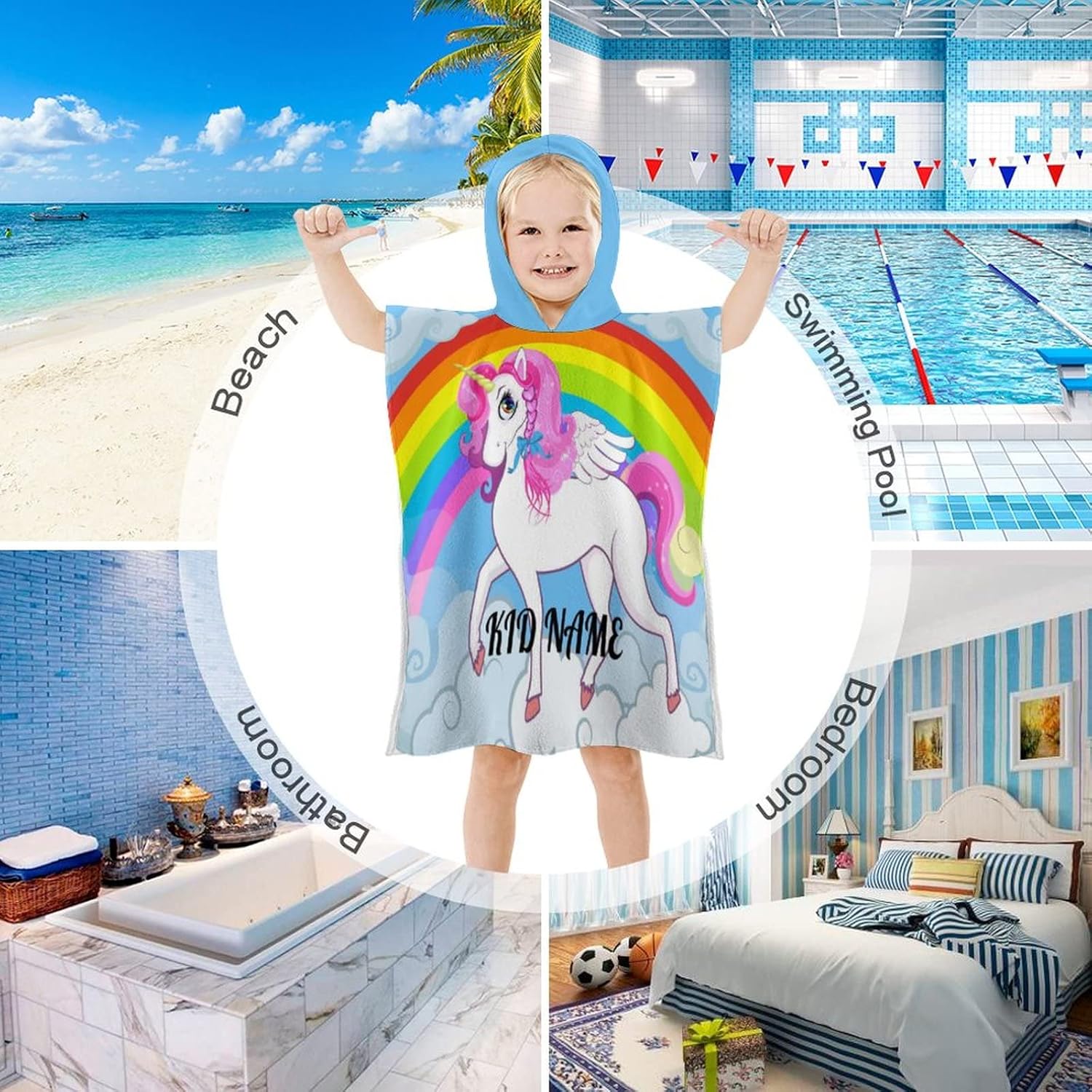 Custom Kids Beach Towel with Hood Rainbow Galaxy Unicorn Personalized