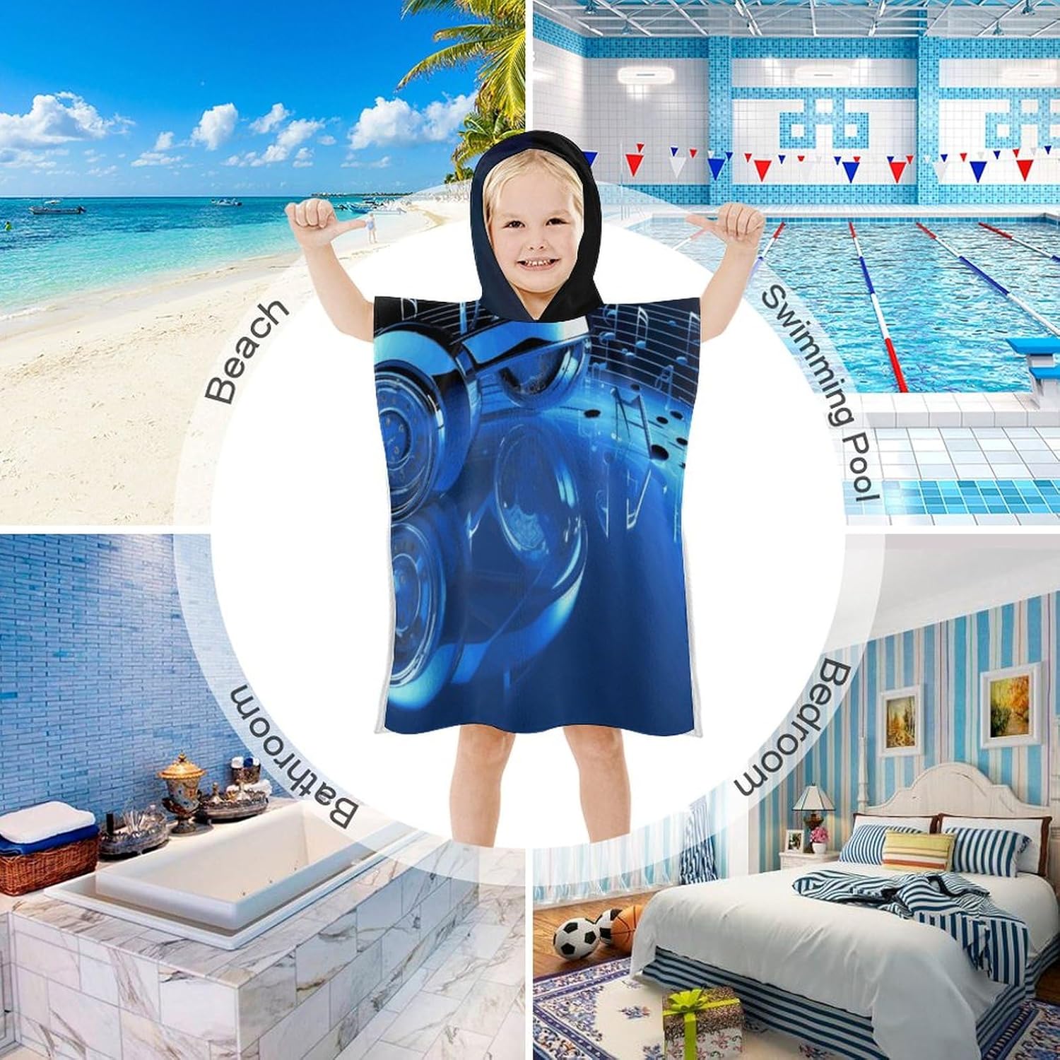 Kids Bath Towel with Blue Music Print Hoodie