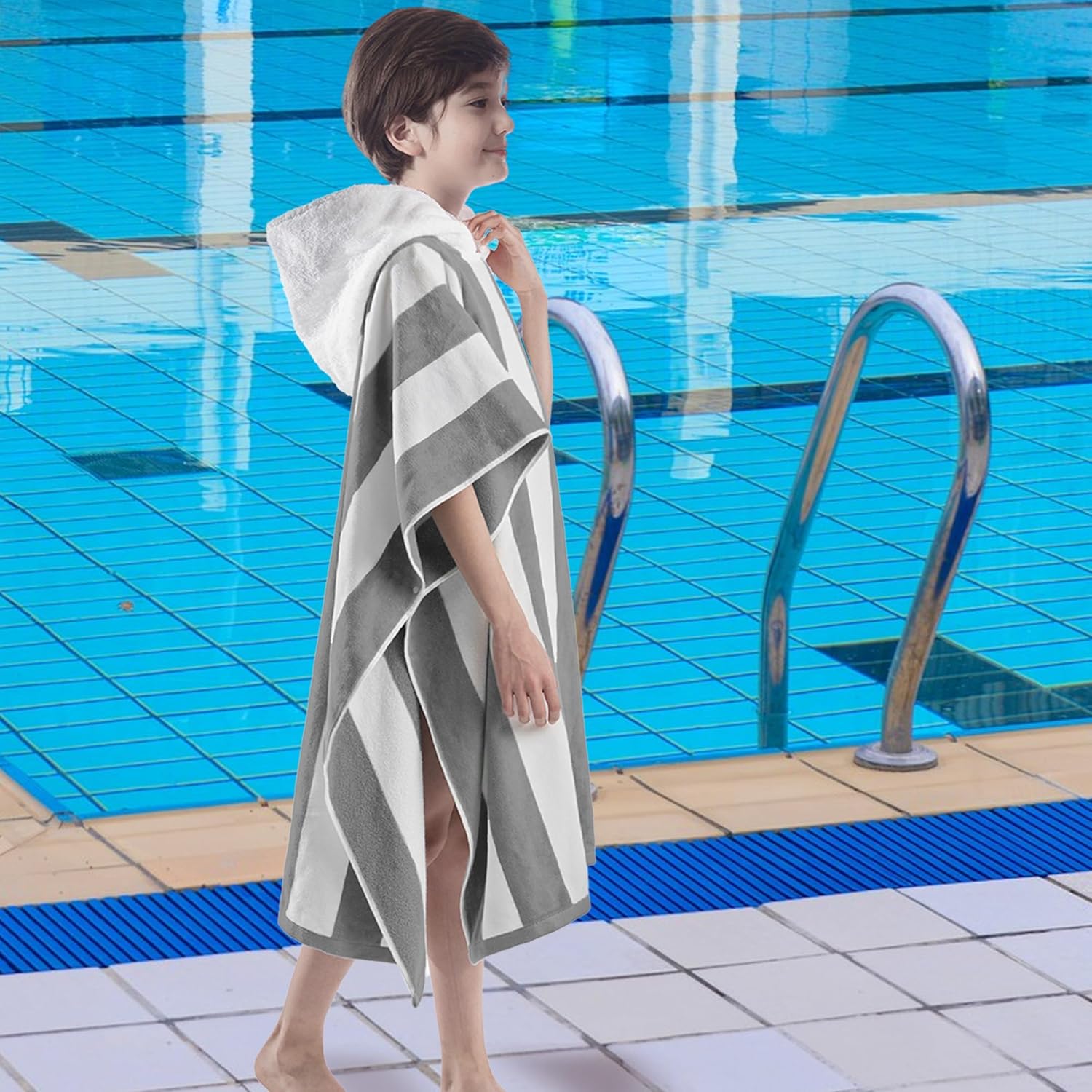VOOVA MOVAS Big Kids Hooded Poncho Towel - 8-16 Years Grey Cabana Stripe