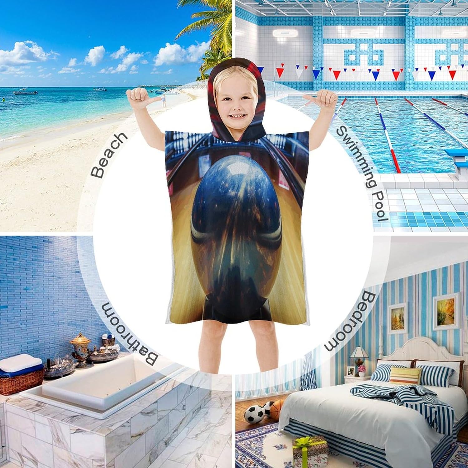 Kids Hooded Bath Towel with Bowling Print
