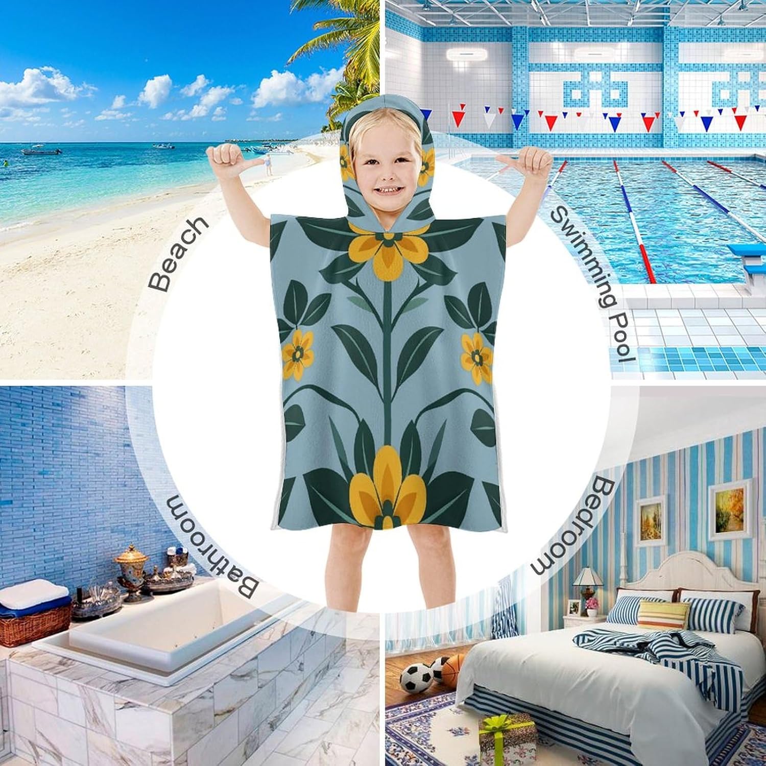 Kids Hooded Beach Towel with Repeating Flower Pattern