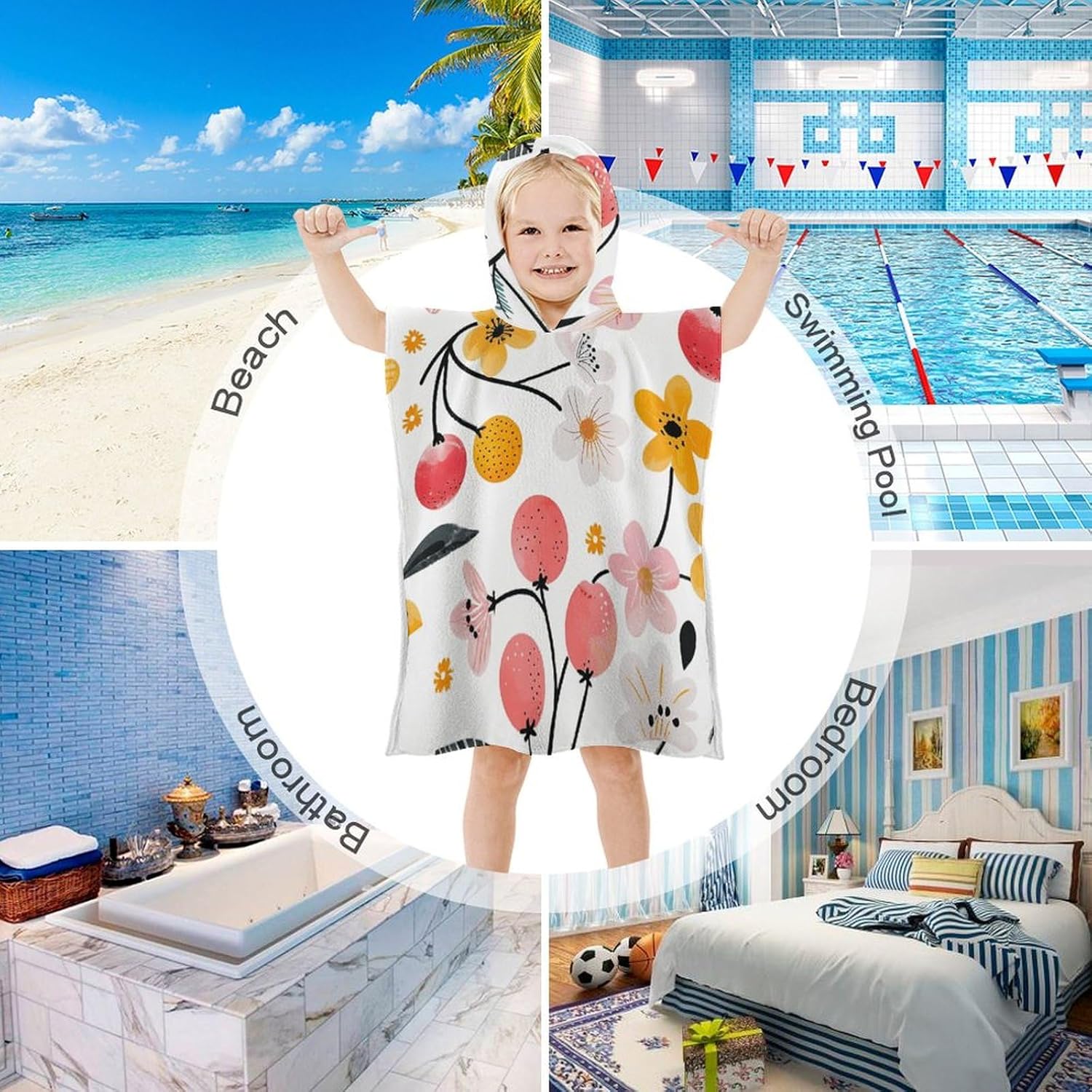 Kids Hooded Beach Towel with Cherries and Flowers Print