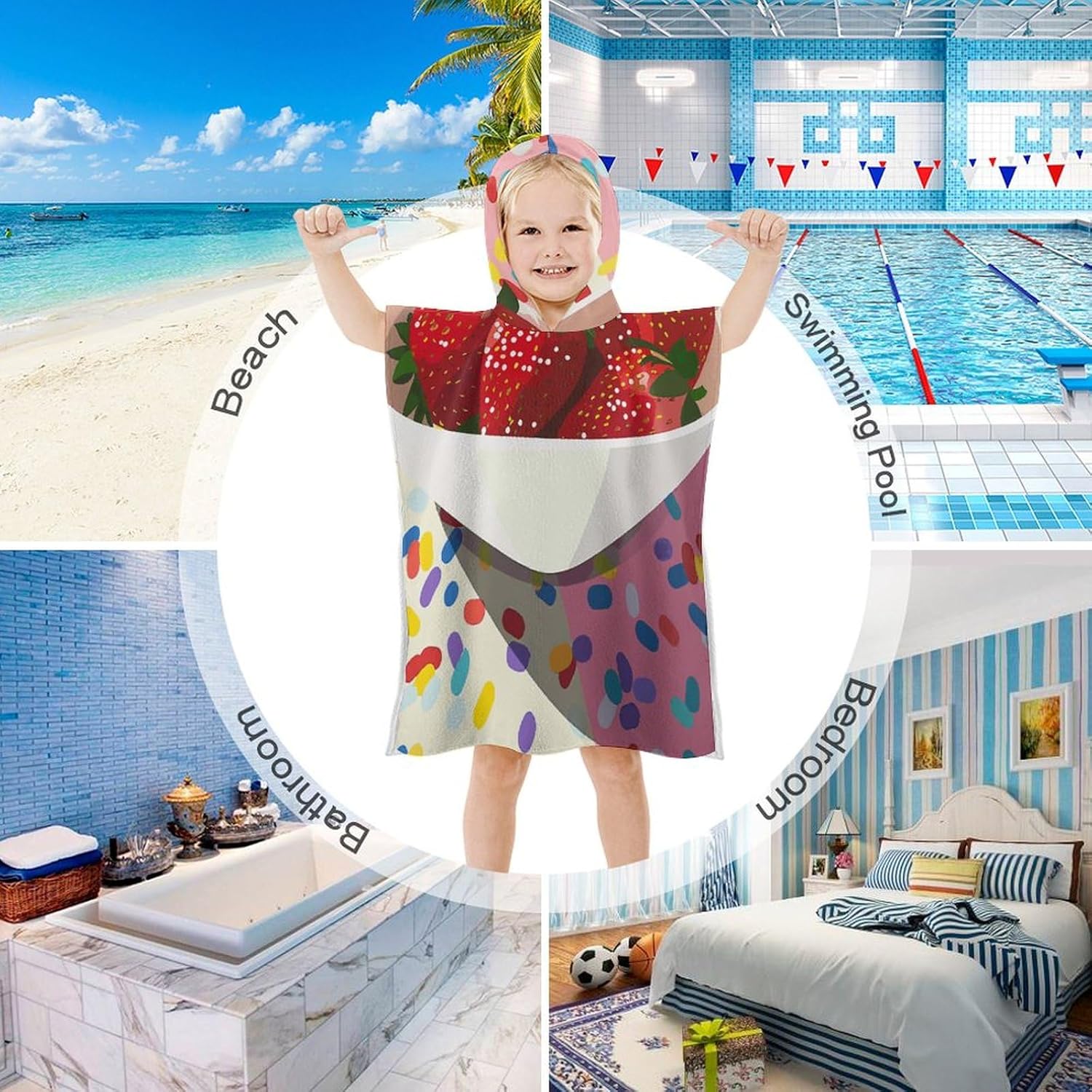 YTDRZ Kids Hooded Bath Towel with Strawberries Design