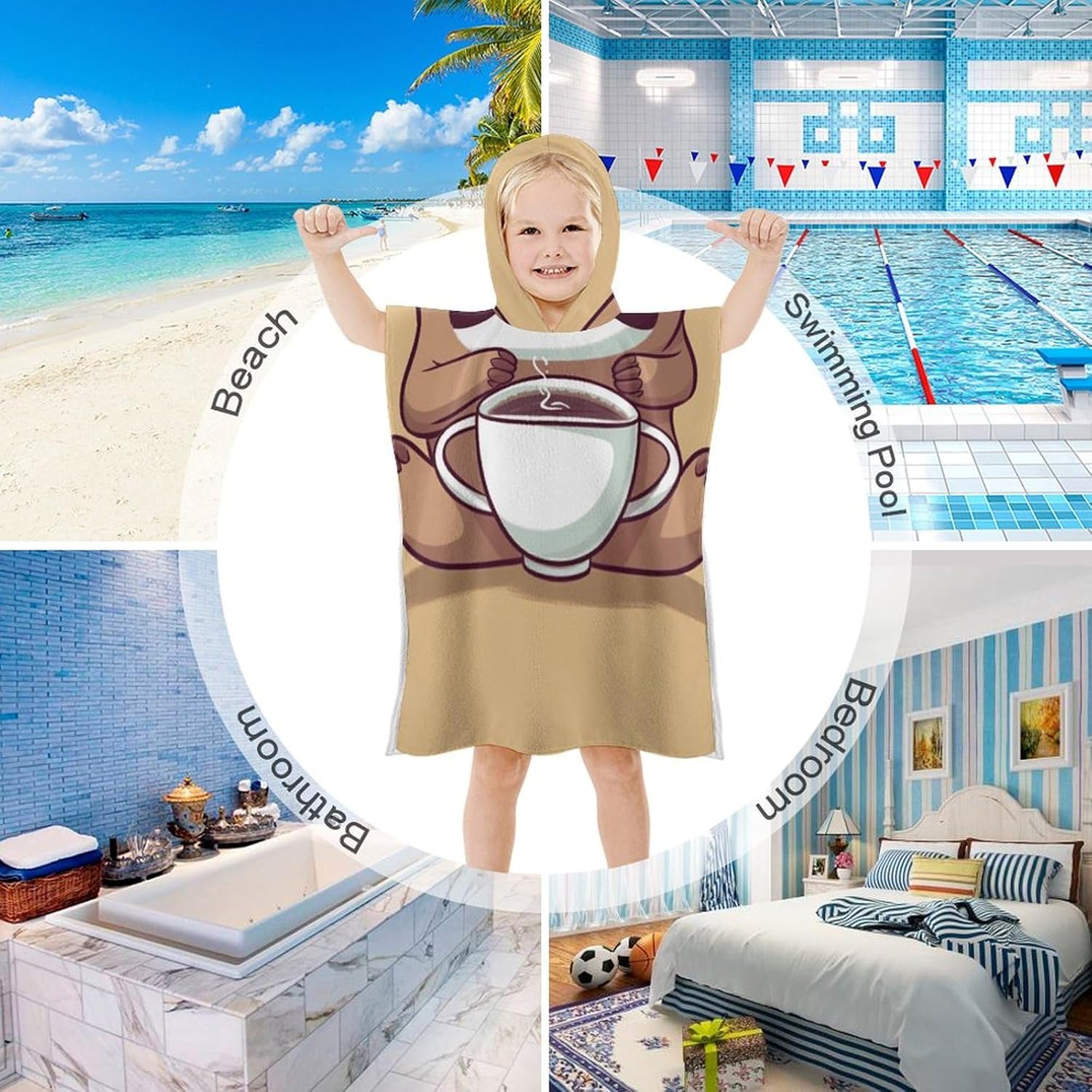 YTDRZ Kids Hooded Beach Towel with Yoga Sloth Coffee Print