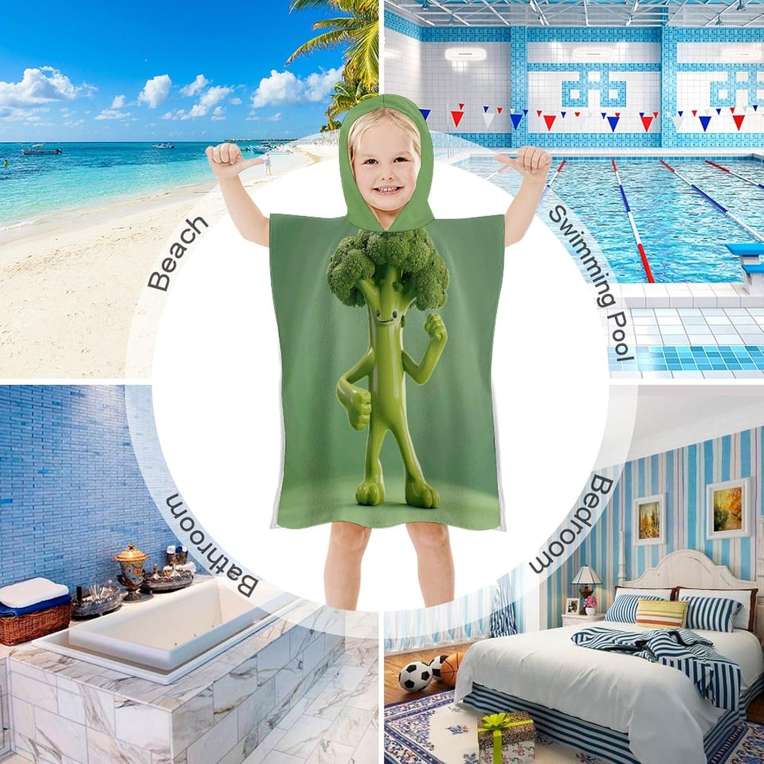 Kids Hooded Bath Towel with Green Broccoli Design