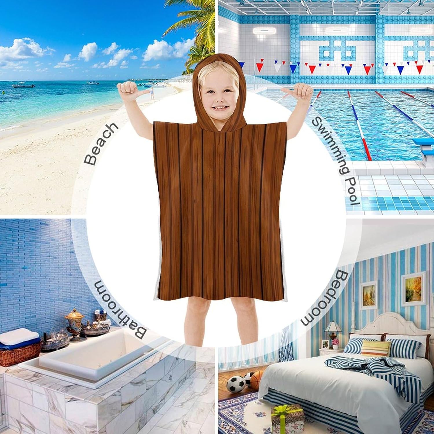 Kids Hooded Beach Towel with Brown Wood Pattern