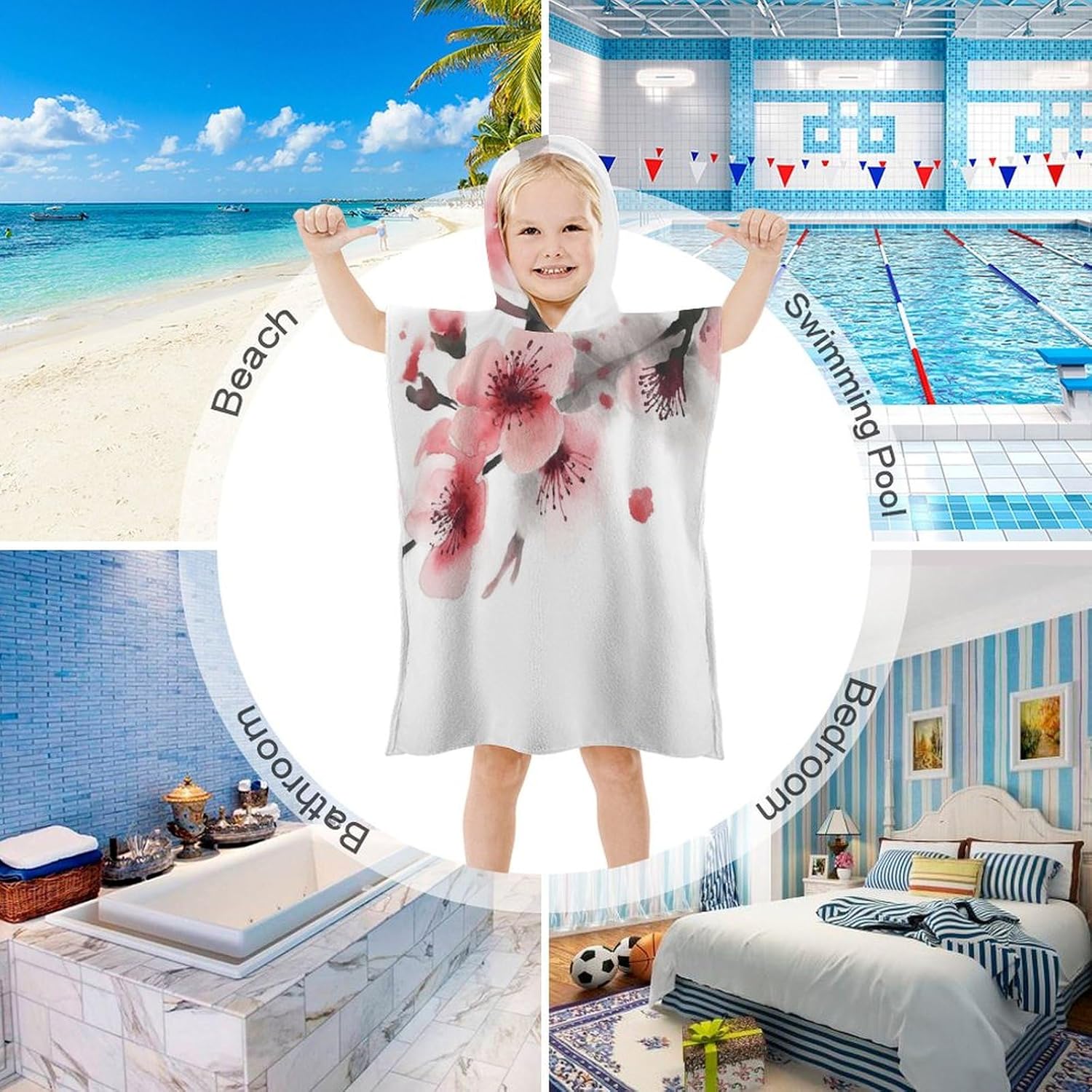 Kids Hooded Bath Towel with Cherry Florals Print