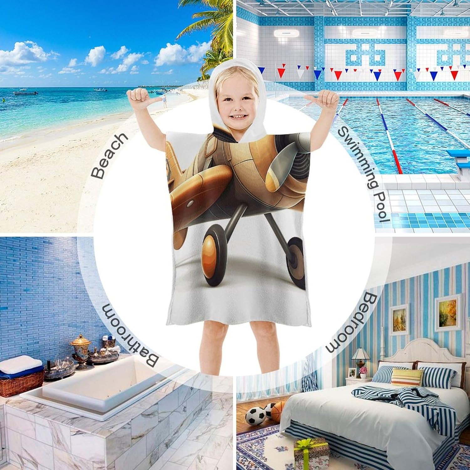 Kids Bath Towel with Hood Yellow Airplane Print