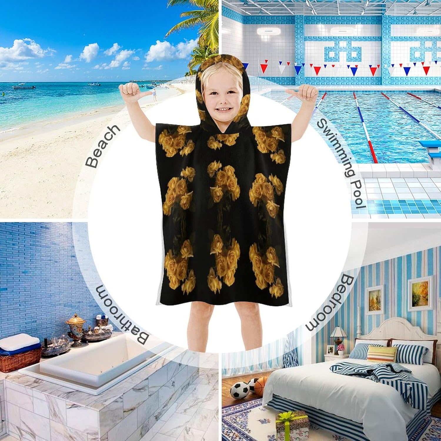 Kids Hooded Bath Towel with Yellow Roses Design