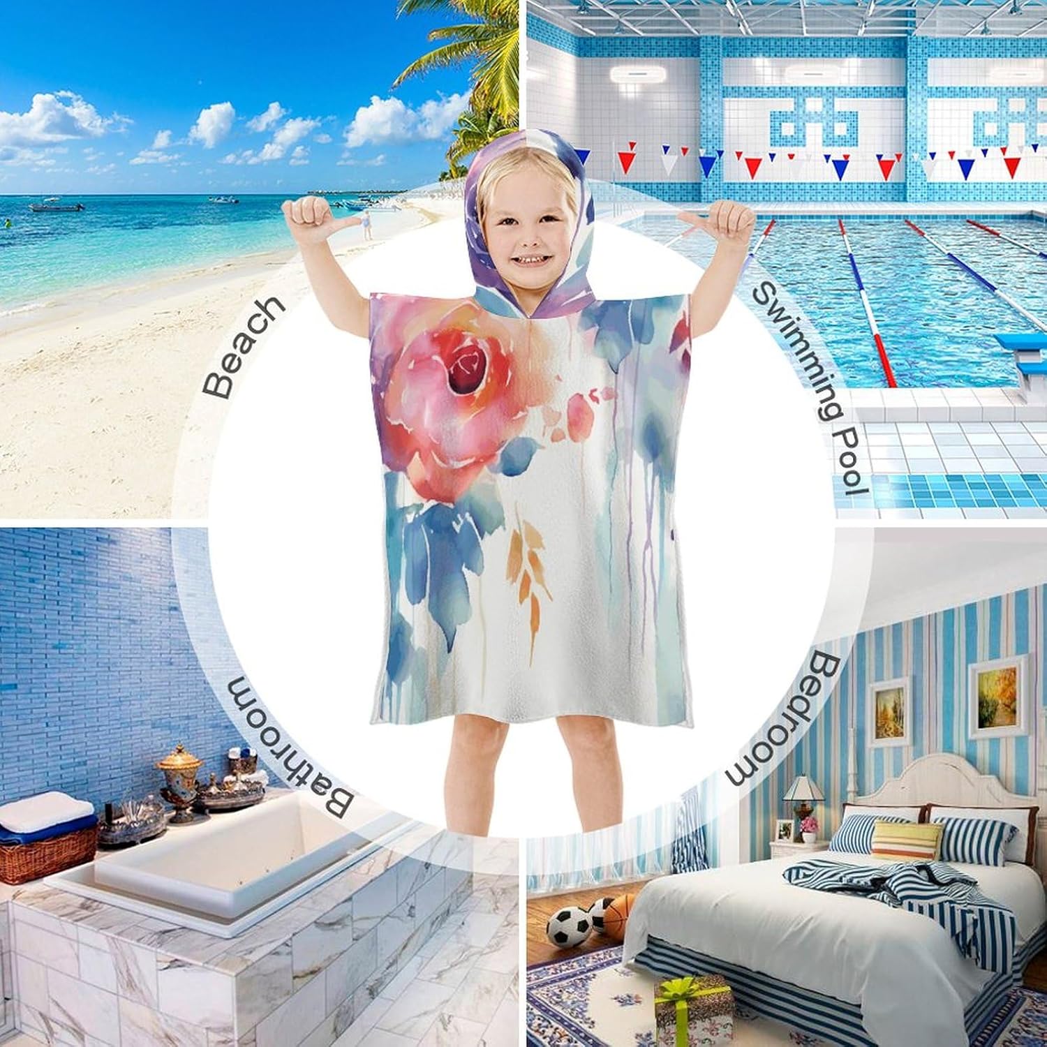 Watercolor Floral Kids Hooded Beach Towel