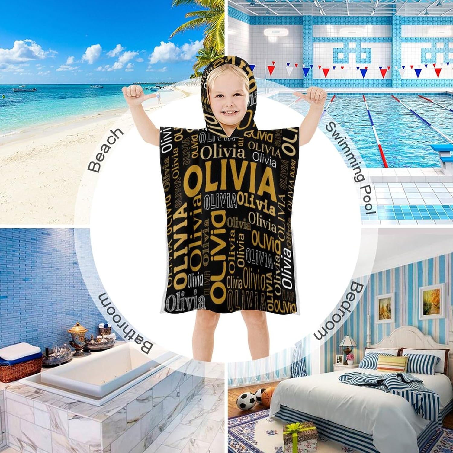 Husguciy Personalized Hooded Towel for Kids Black