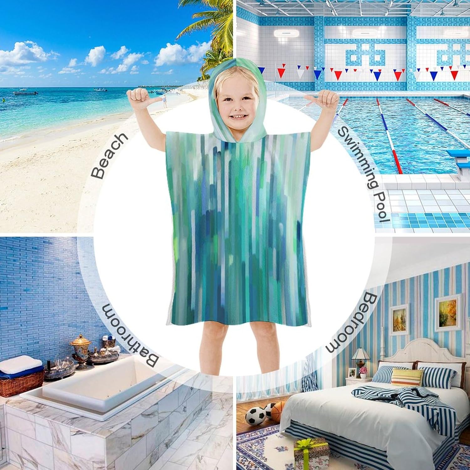 Kids Hooded Bath Towel with White Stripe Design