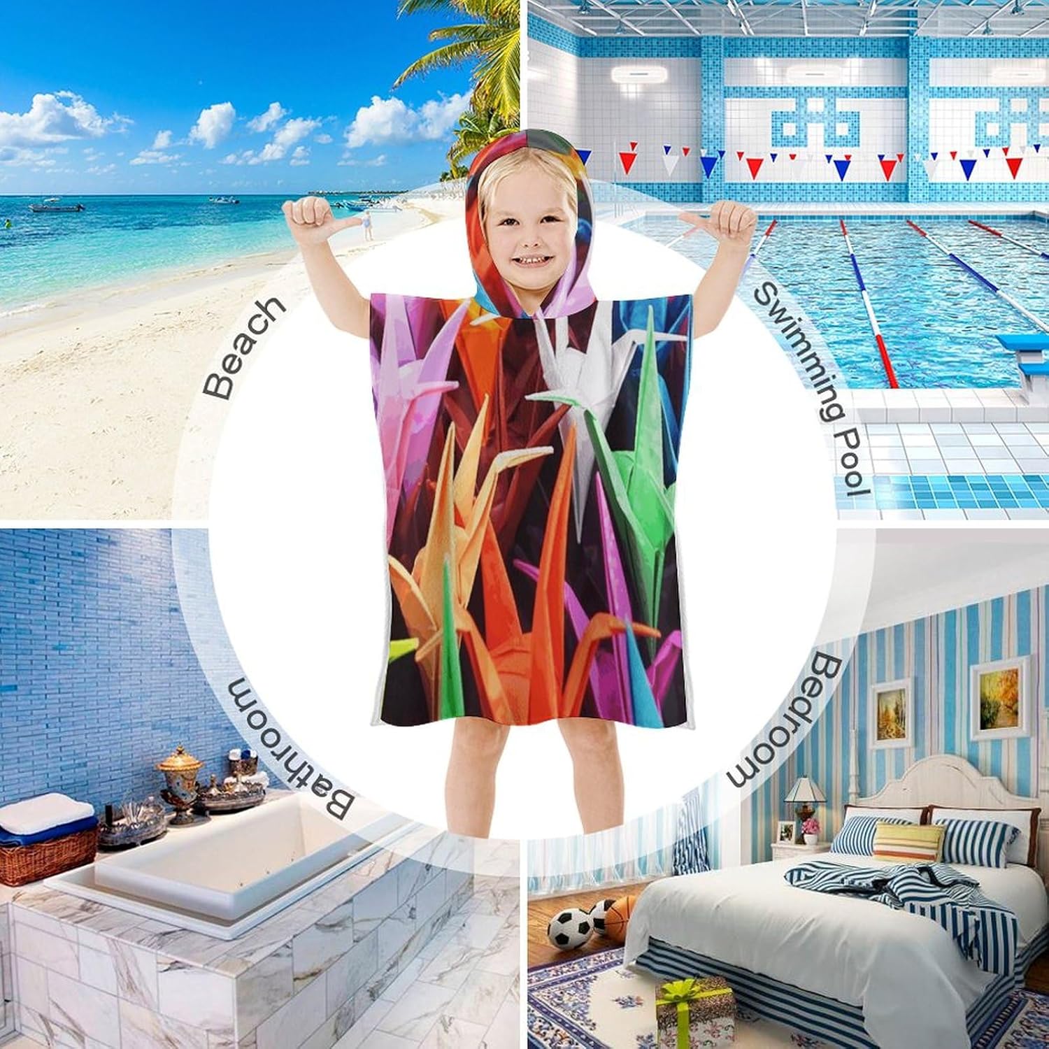 Kids Hooded Beach Towel with Origami Cranes Print
