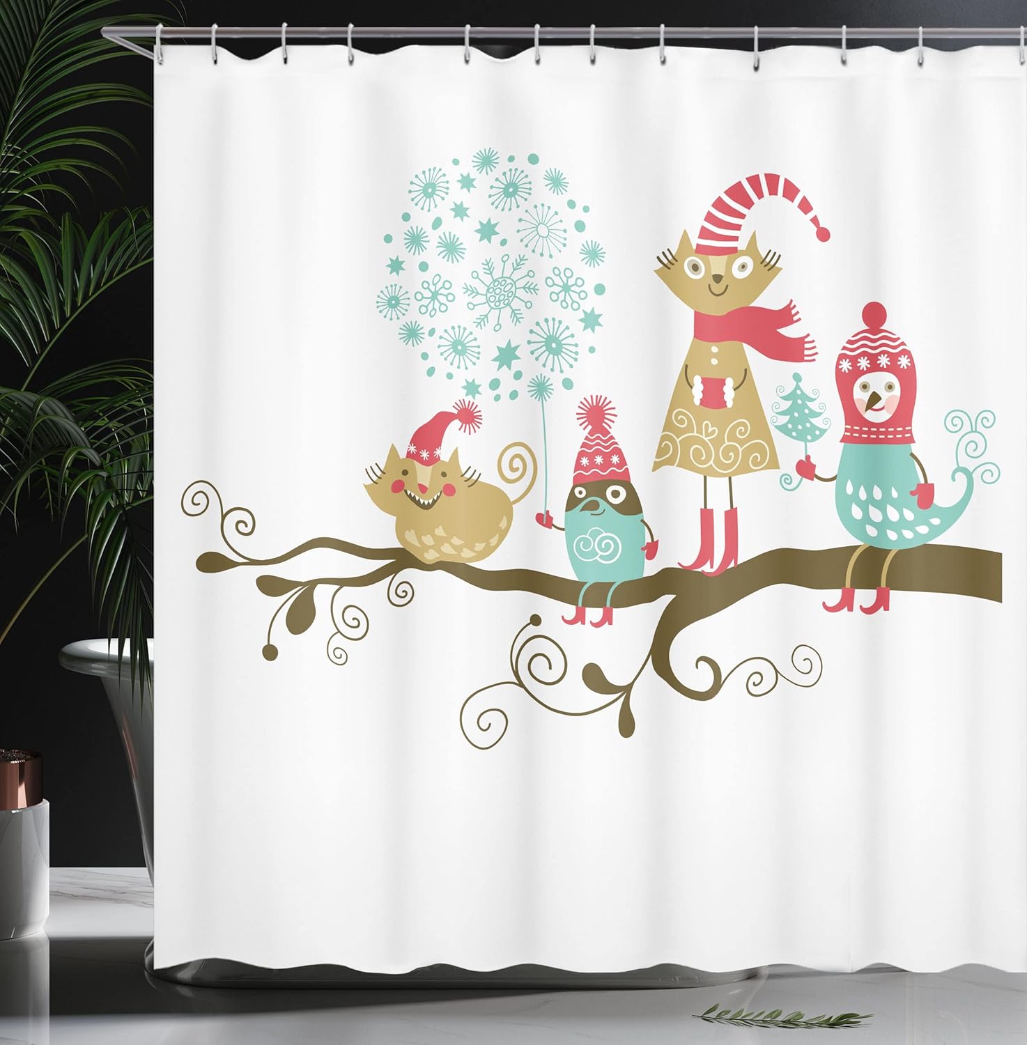 Ambesonne Christmas Shower Curtain with Animal Costume Branches Pink Teal 69x70 Inches