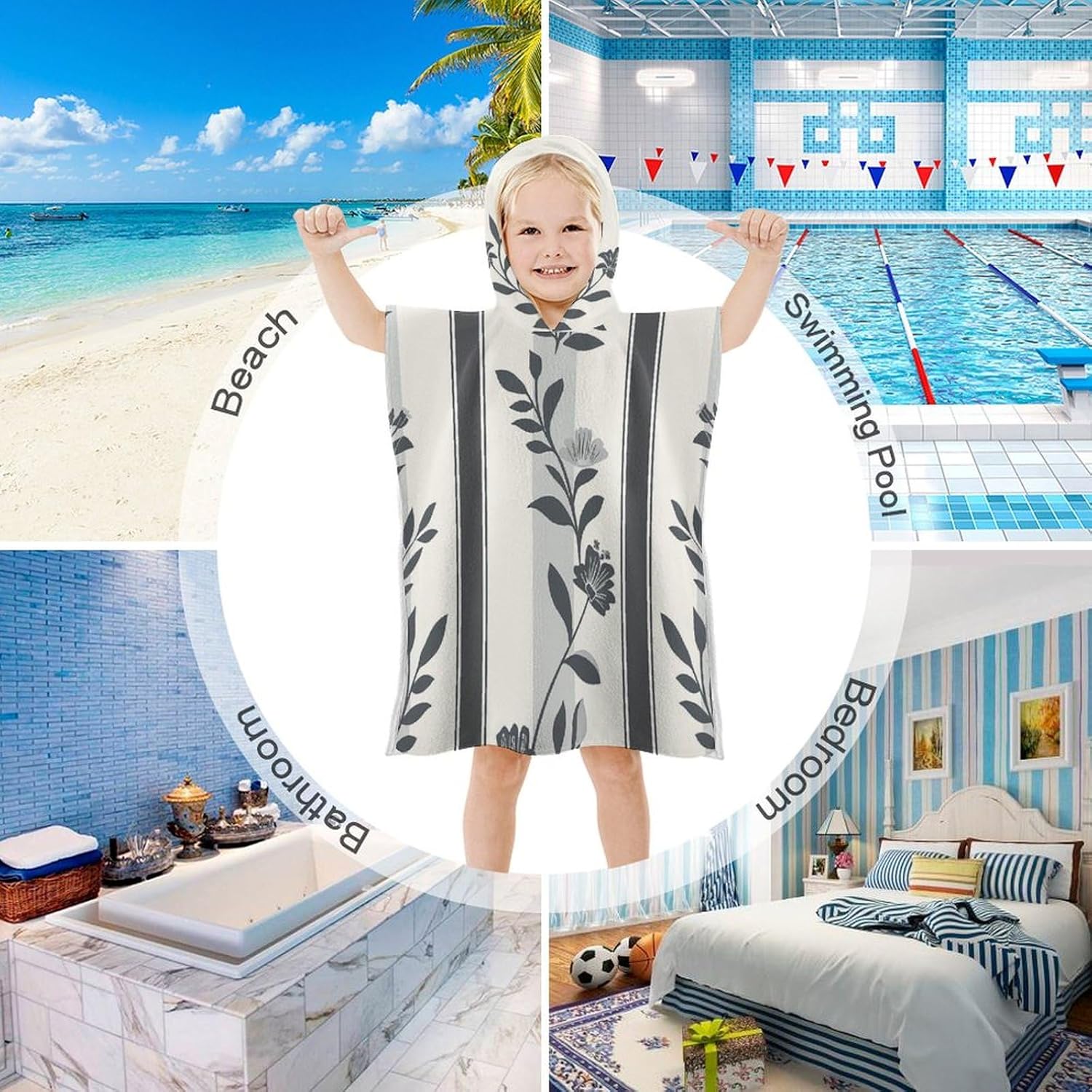 Kids Hooded Bath Towel with Gray Pattern