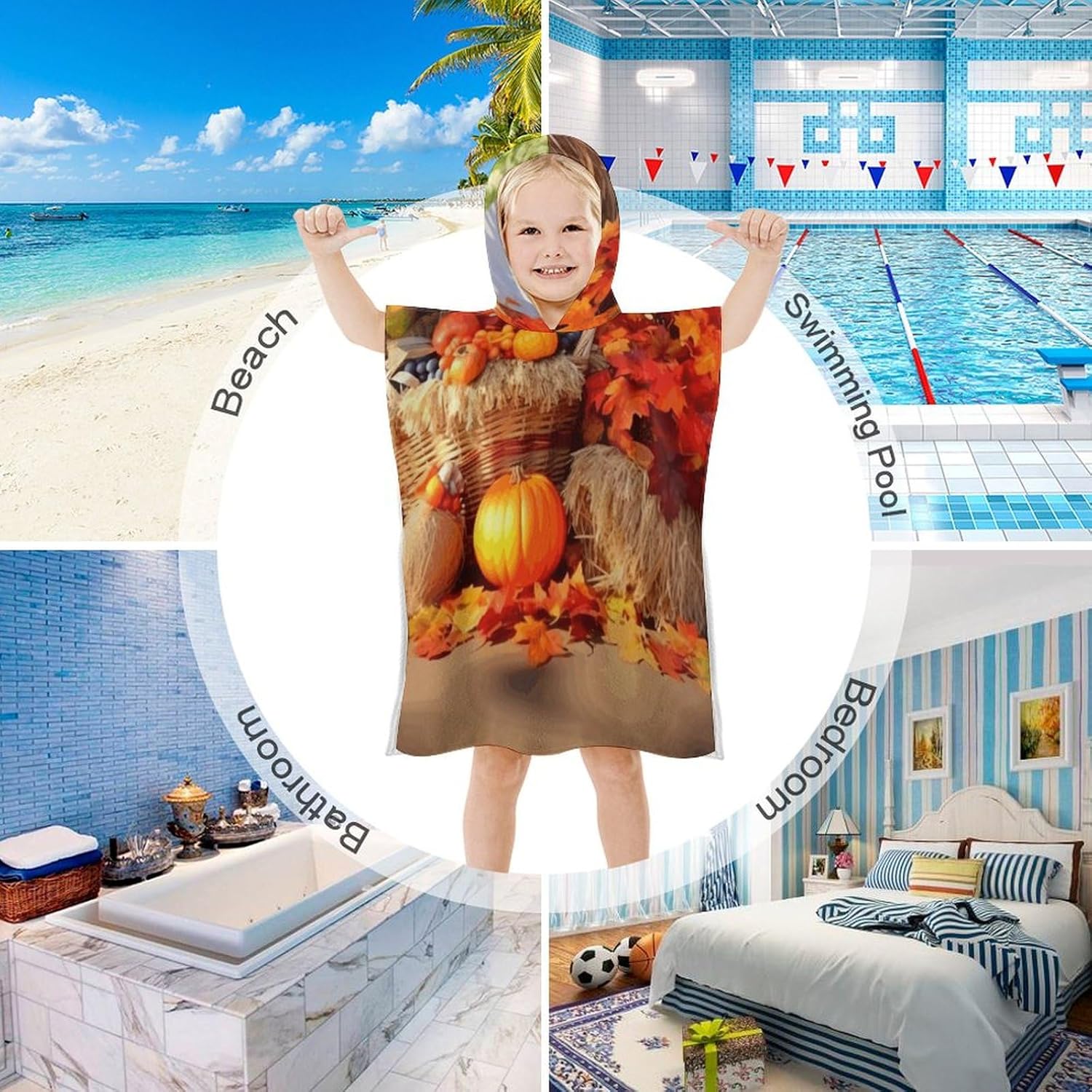 Kids Hooded Bath Towel with Autumn Thanksgiving Print
