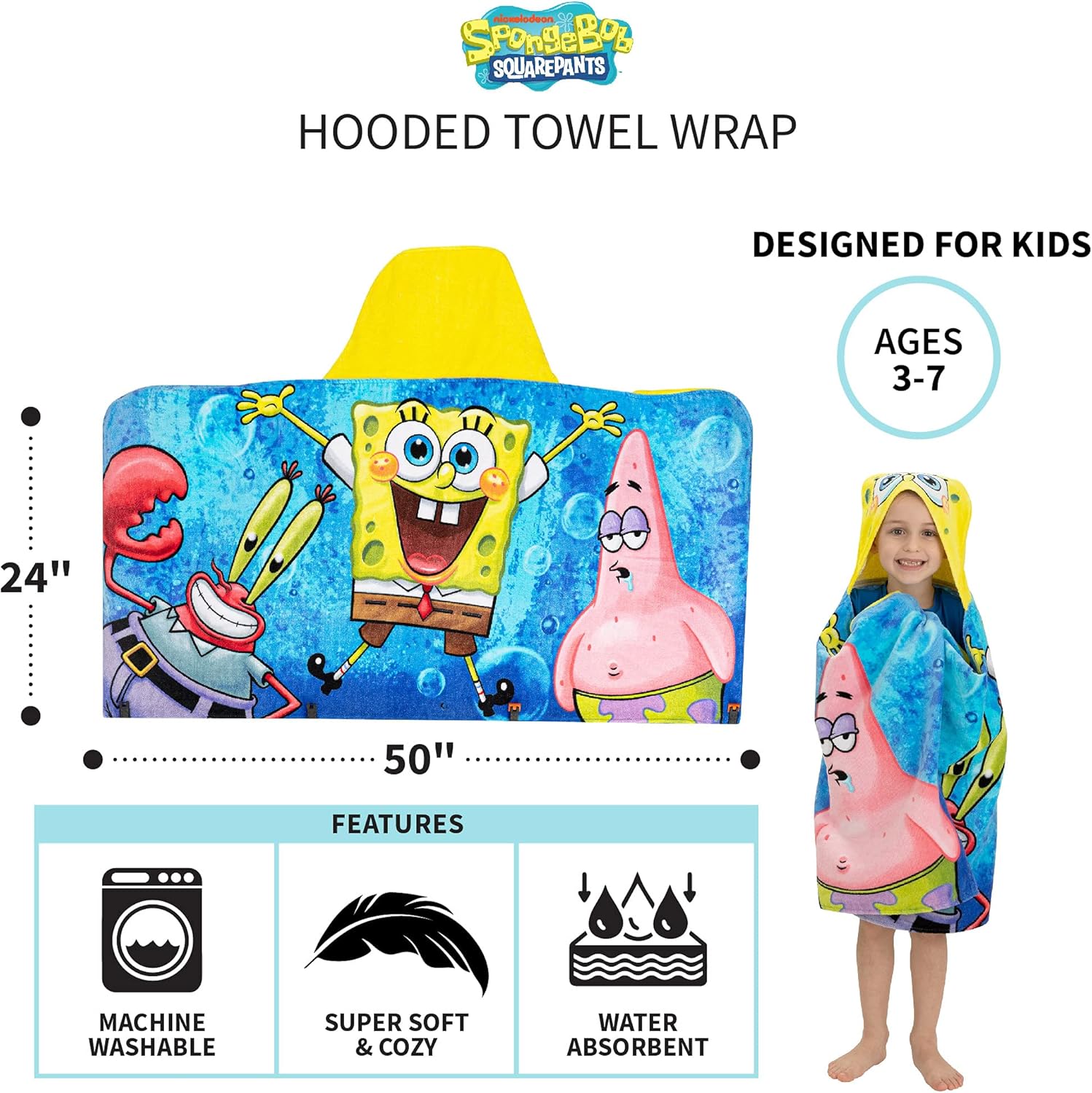 Franco Kids SpongeBob Hooded Bath Towel Wrap