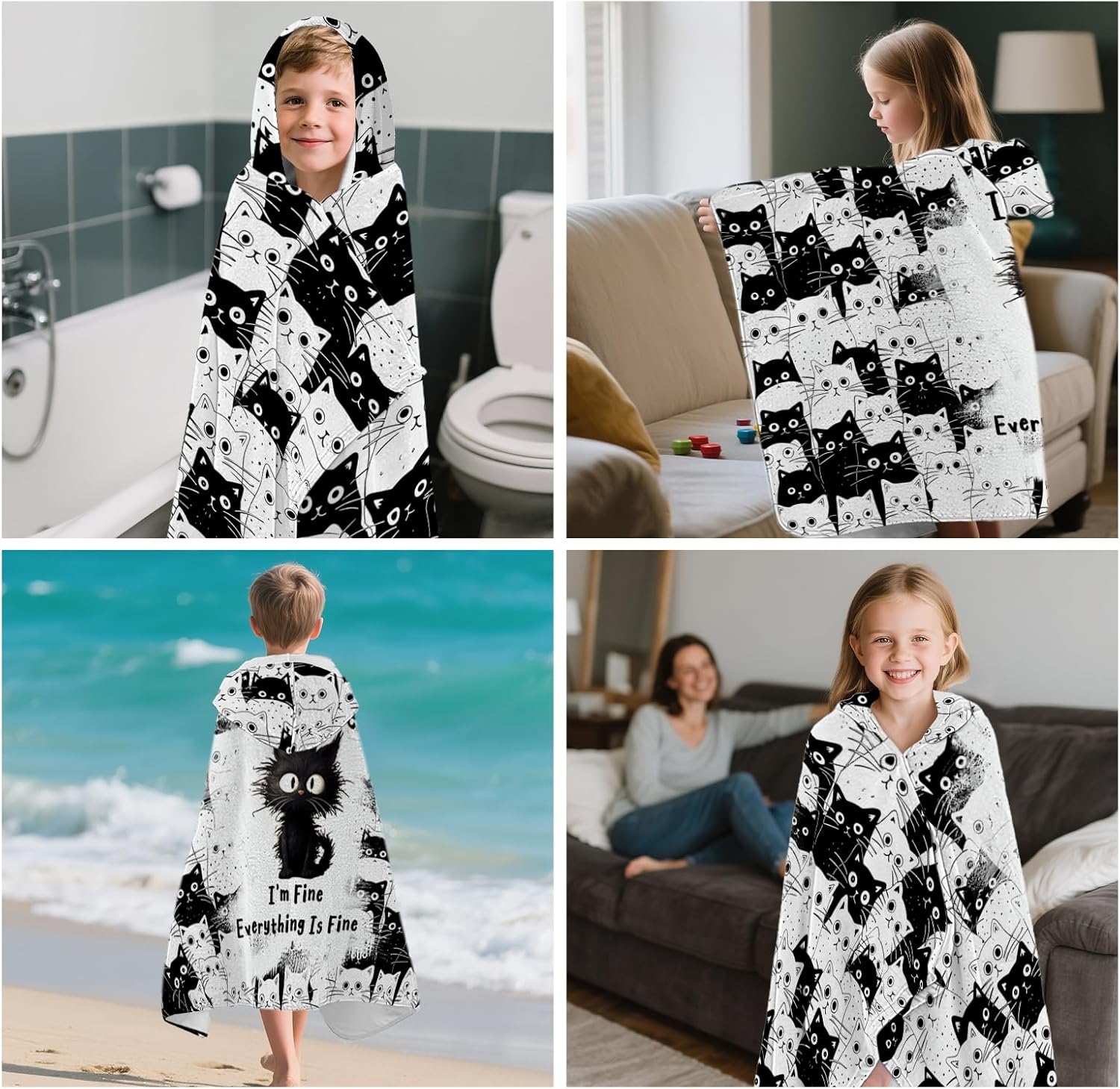 Black Cats Hooded Beach Towel for Kids